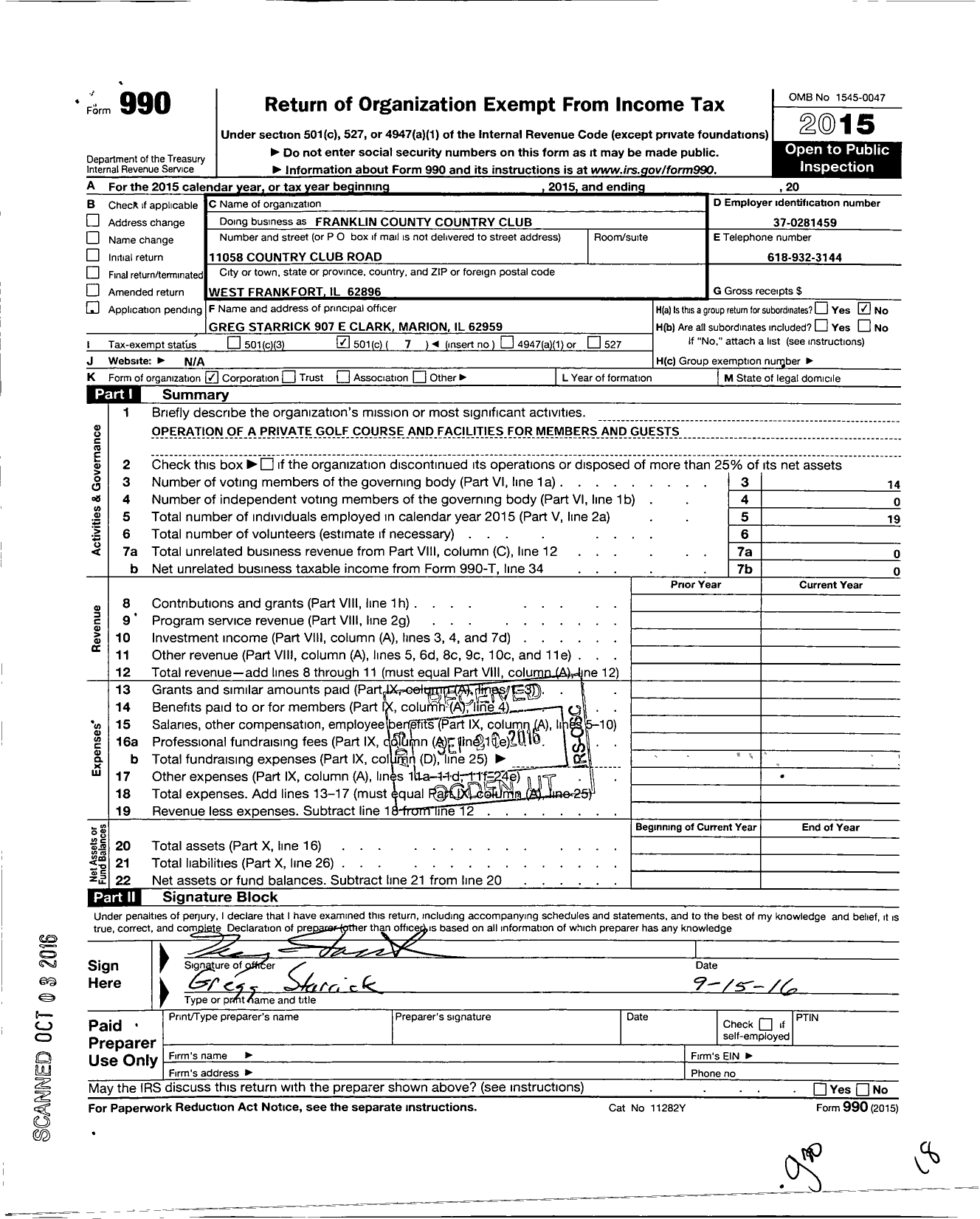 Image of first page of 2015 Form 990O for Franklin County Country Club
