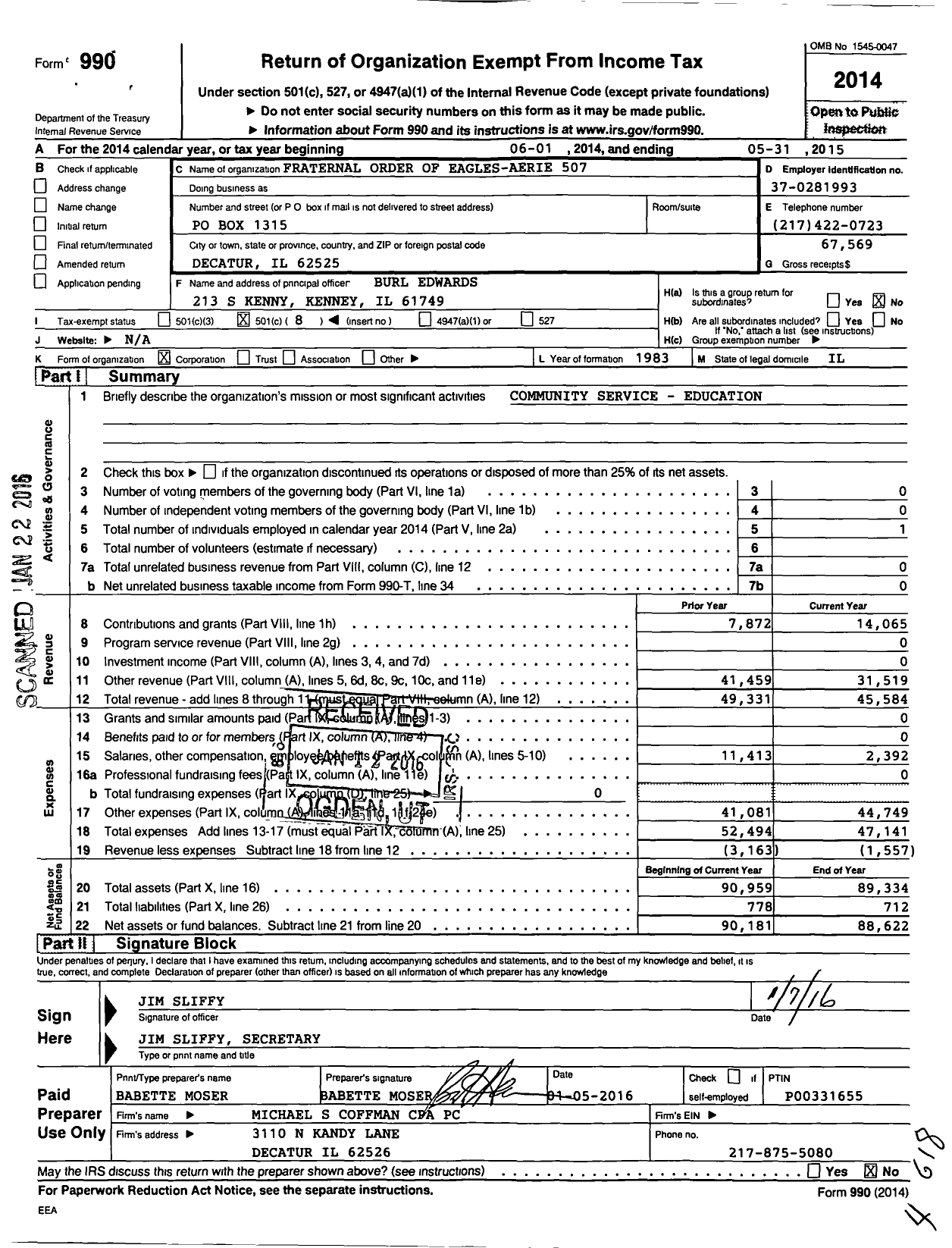 Image of first page of 2014 Form 990O for Fraternal Order of Eagles-Aerie 507