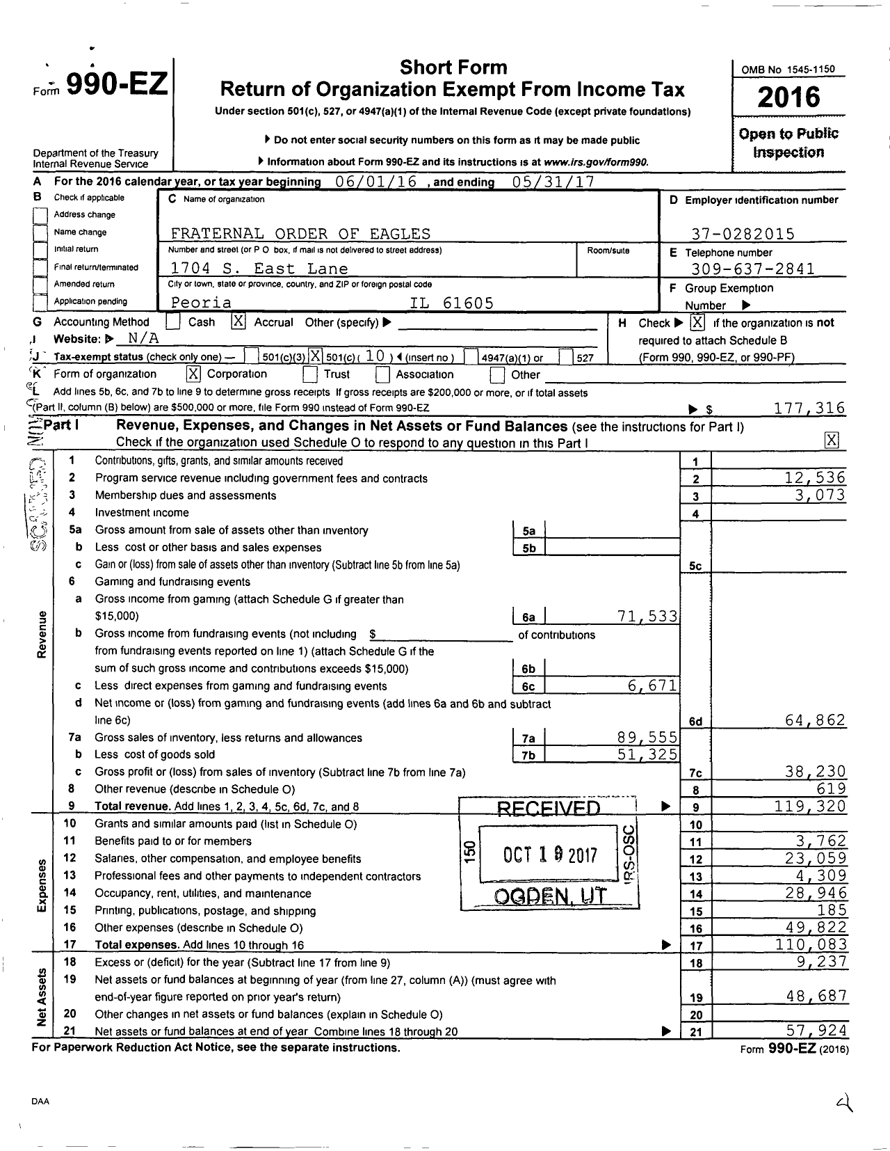 Image of first page of 2016 Form 990EO for Fraternal Order of Eagles - 265 Aerie