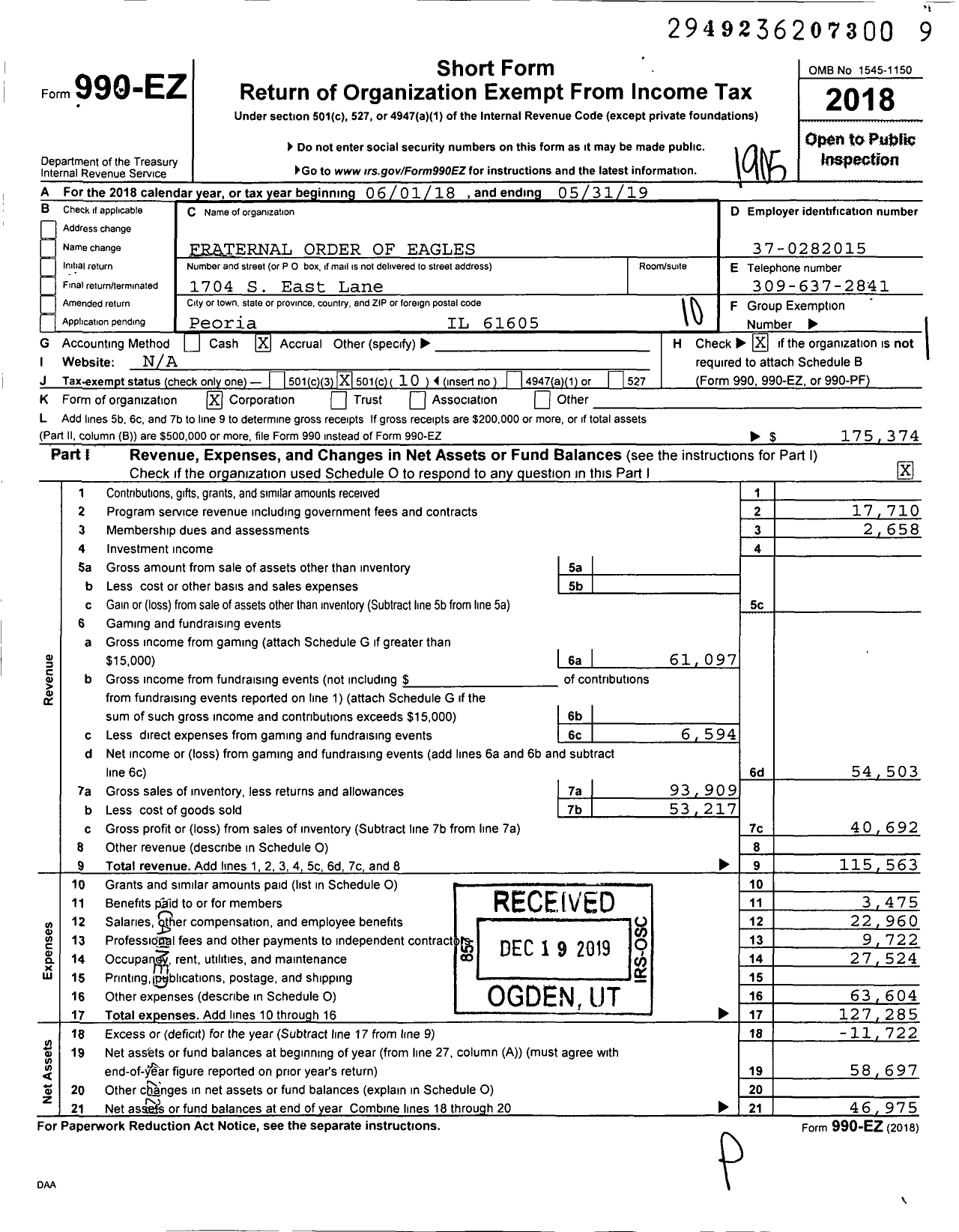 Image of first page of 2018 Form 990EO for Fraternal Order of Eagles - 265 Aerie