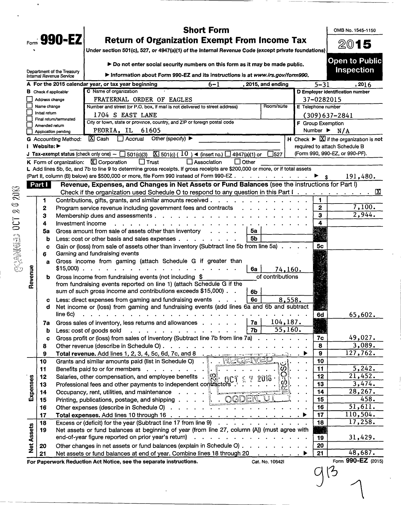 Image of first page of 2015 Form 990EO for Fraternal Order of Eagles - 265 Aerie