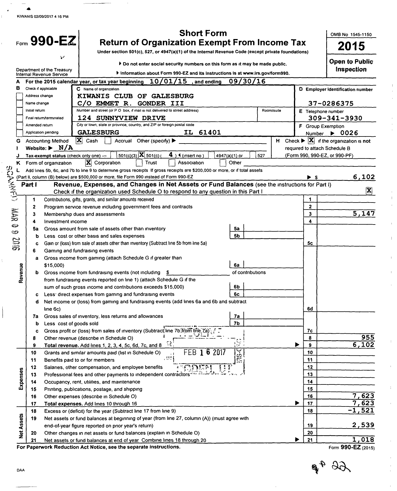 Image of first page of 2015 Form 990EO for Kiwanis International - K00173 Galesburg