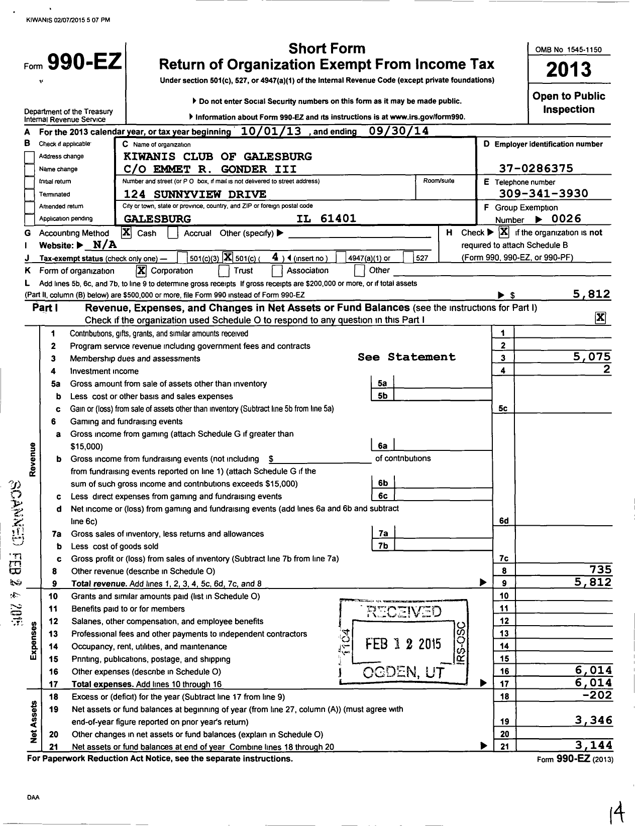 Image of first page of 2013 Form 990EO for Kiwanis International - K00173 Galesburg