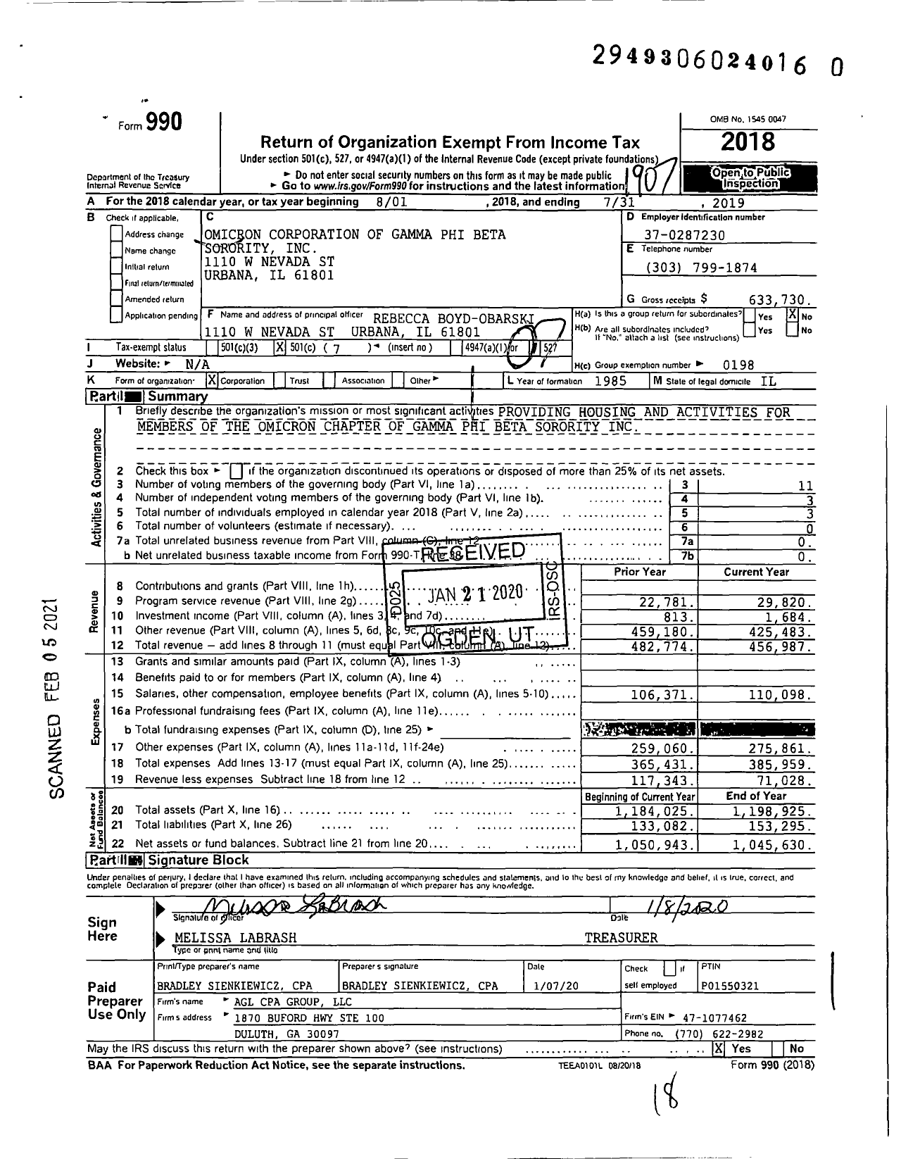 Image of first page of 2018 Form 990O for Gamma Phi Beta Sorority - Omicron HCB