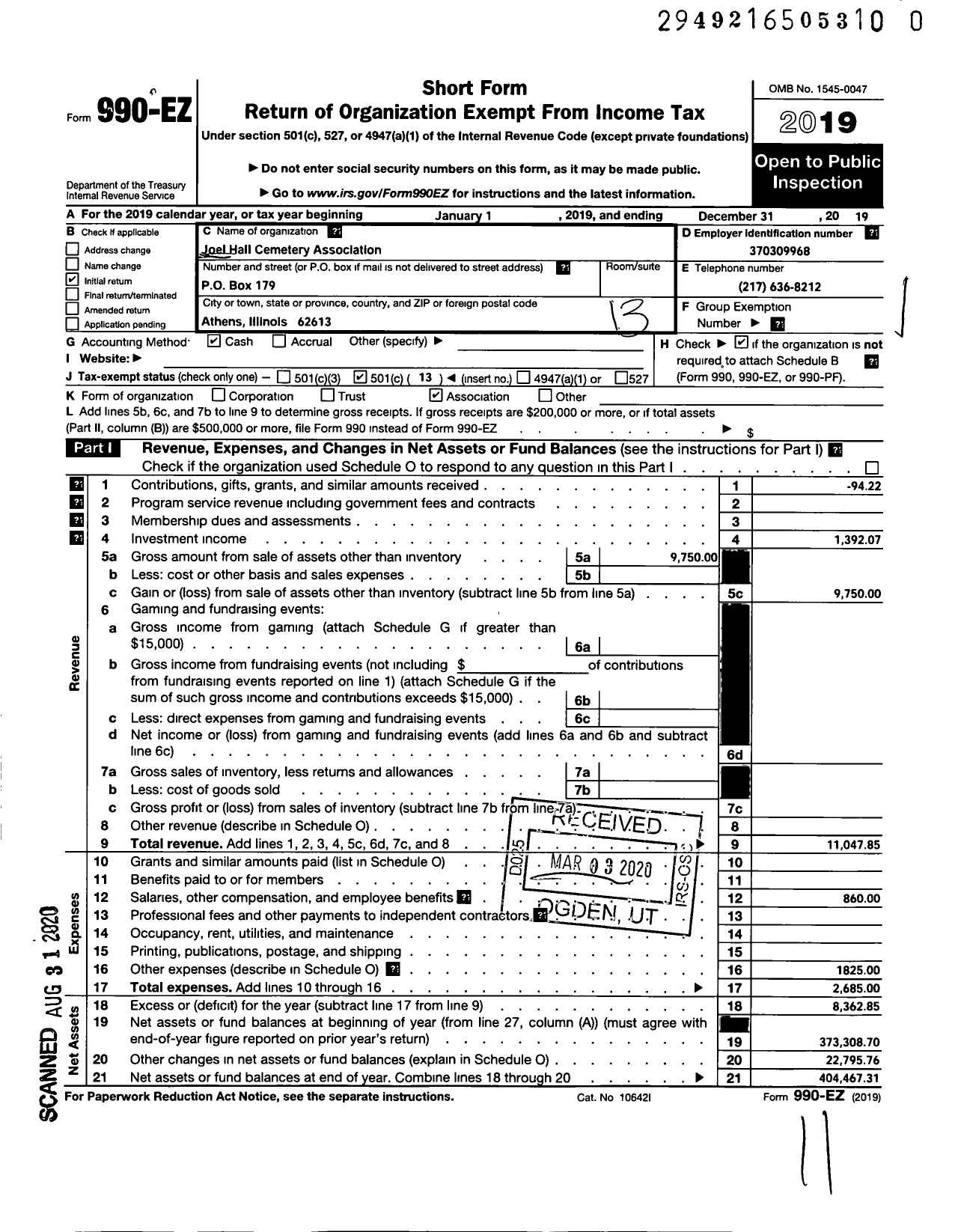 Image of first page of 2019 Form 990EO for Joel Hall Cemetery Association