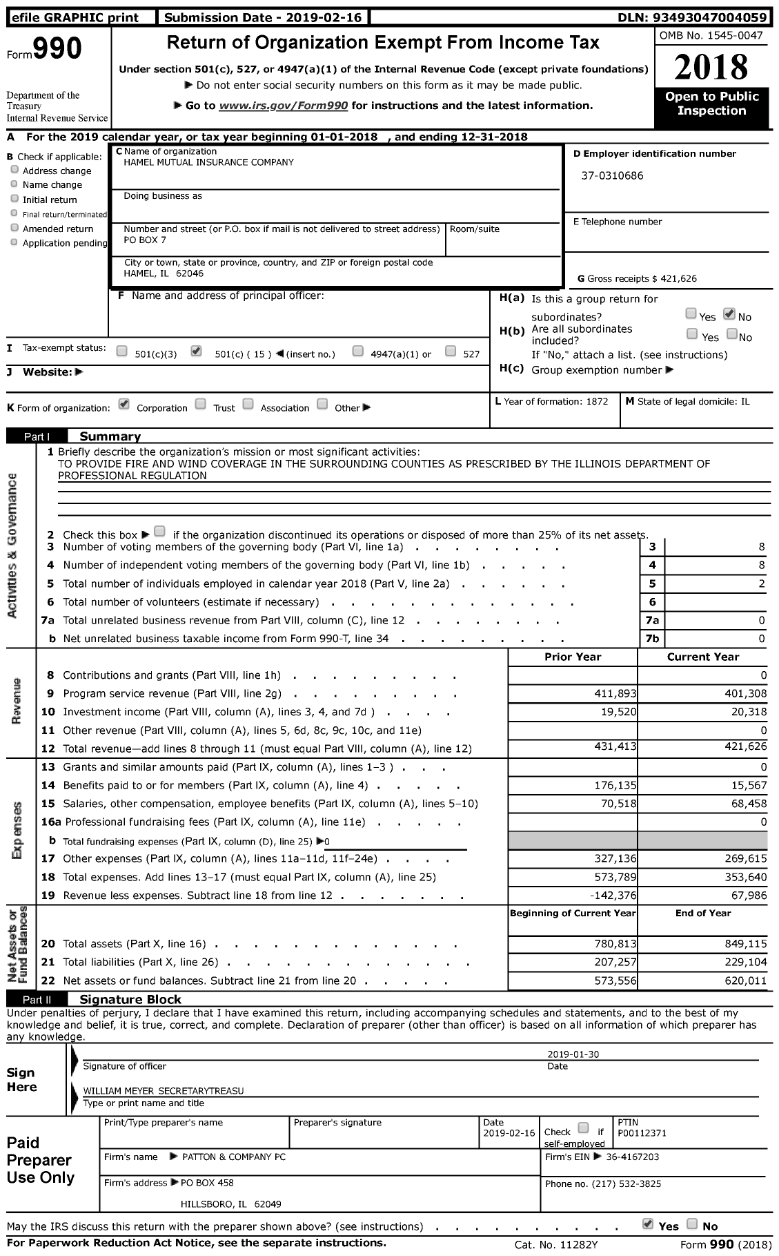 Image of first page of 2018 Form 990 for Hamel Mutual Insurance Company