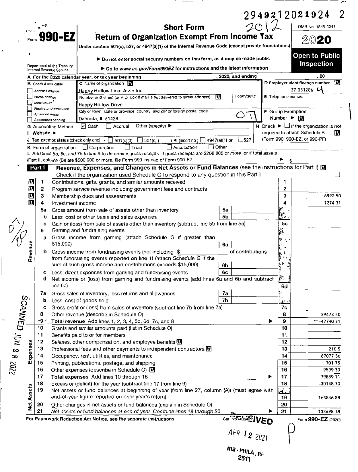 Image of first page of 2020 Form 990EO for Happy Hollow Lake Assn