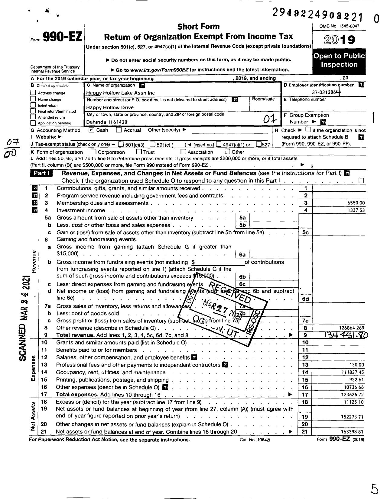 Image of first page of 2019 Form 990EO for Happy Hollow Lake Assn