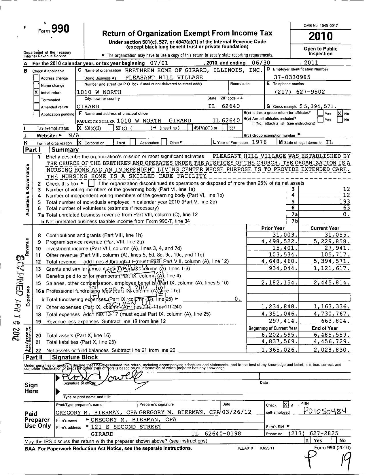 Image of first page of 2010 Form 990 for Pleasant Hill Village