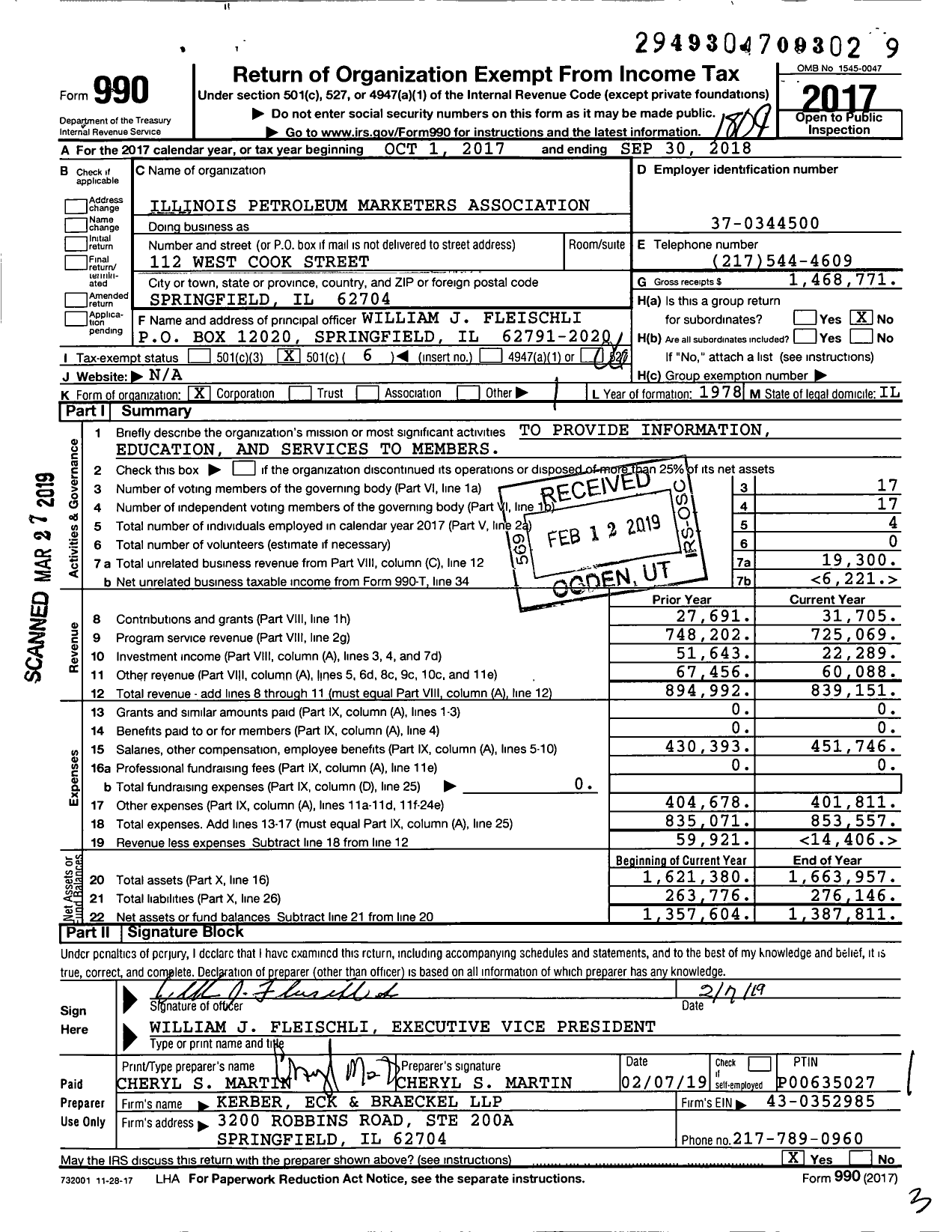 Image of first page of 2017 Form 990O for Illinois Fuel and Retail Association