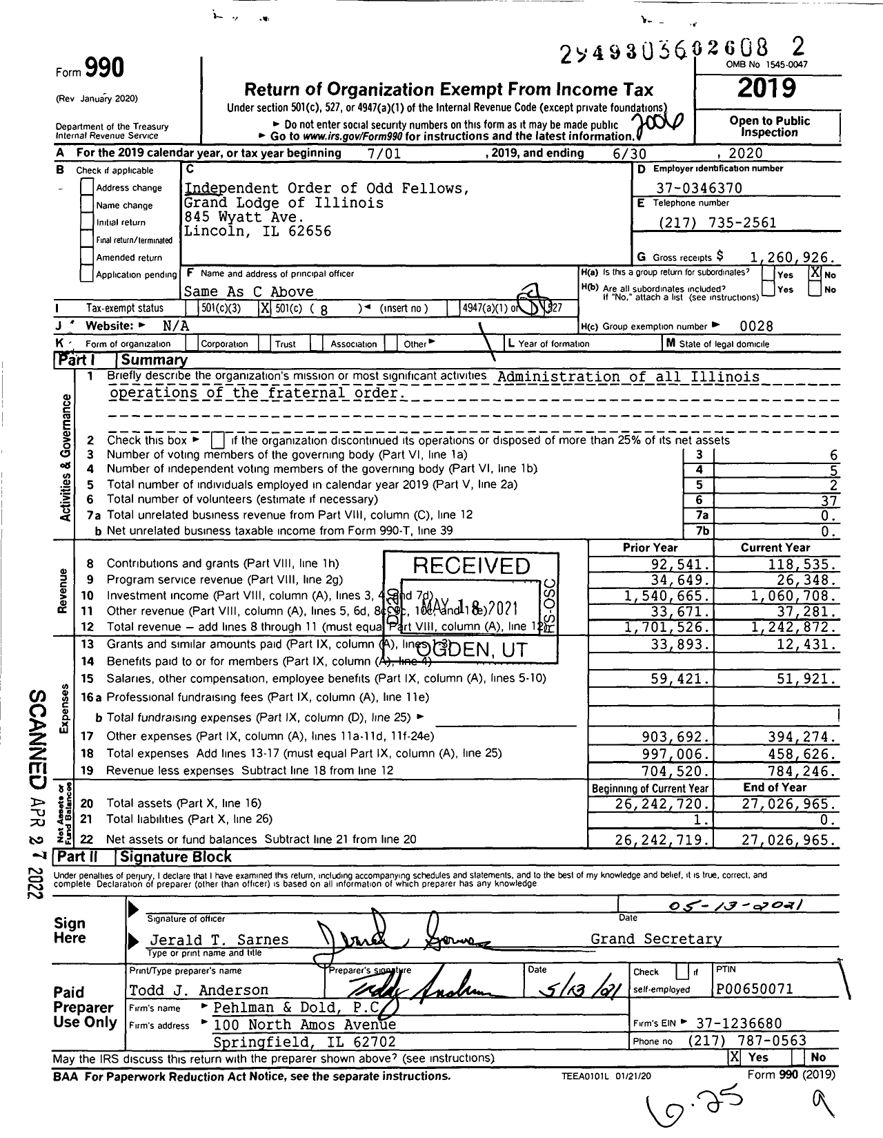 Image of first page of 2019 Form 990O for Independent Order of Odd Fellows - Illinois Grand Lodge