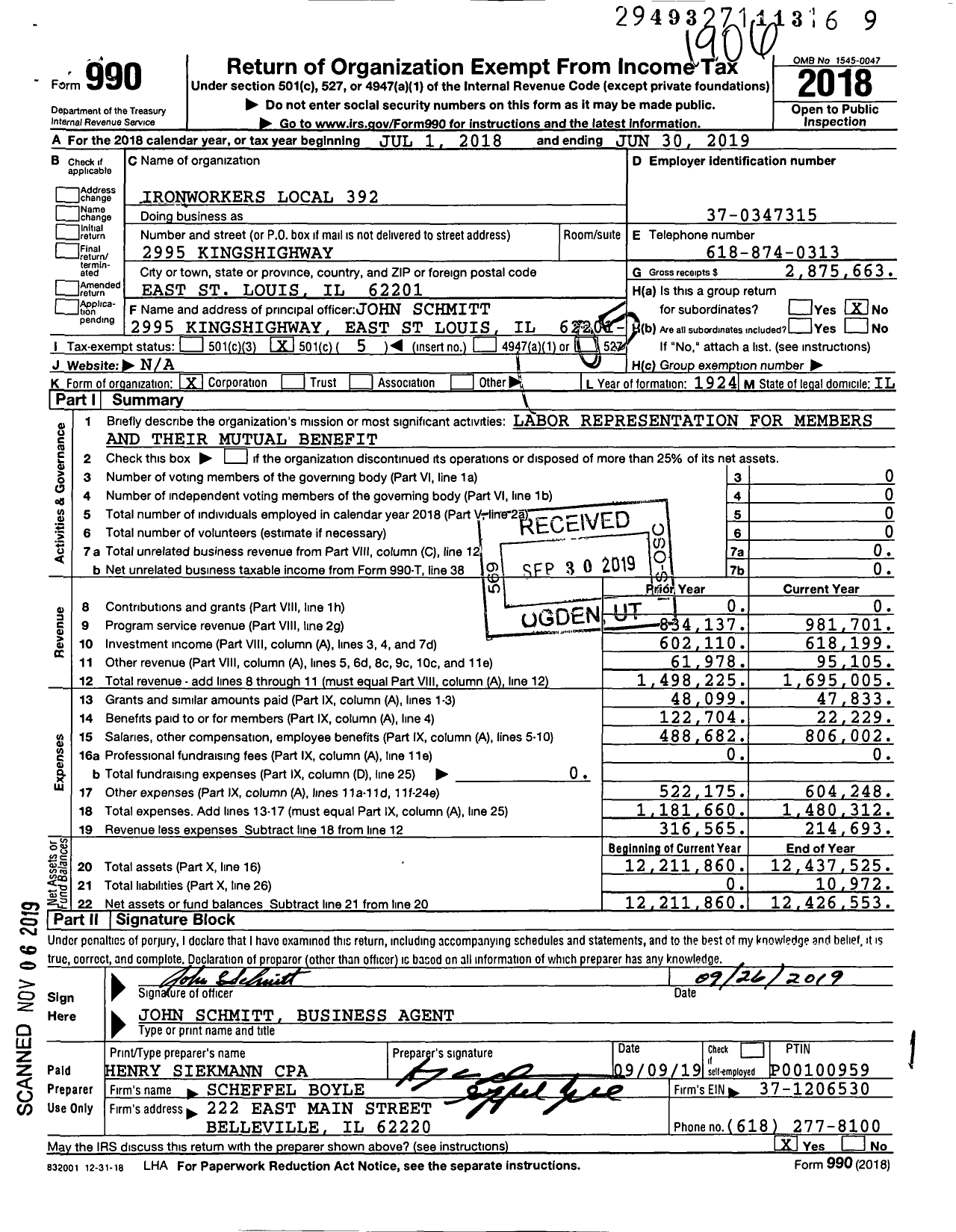 Image of first page of 2018 Form 990O for Ironworkers Local 392