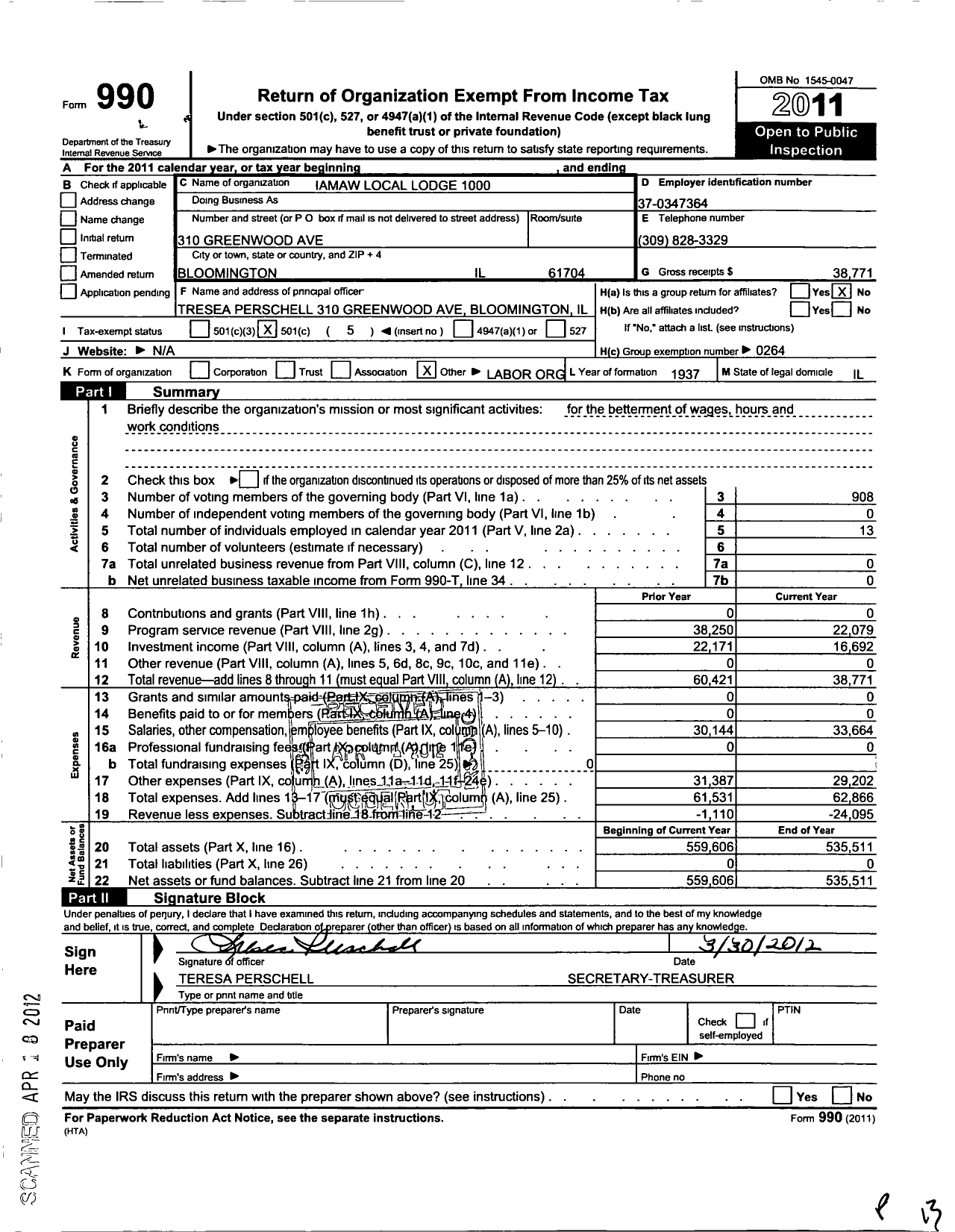 Image of first page of 2011 Form 990O for International Association of Machinists and Aerospace Workers - 1000