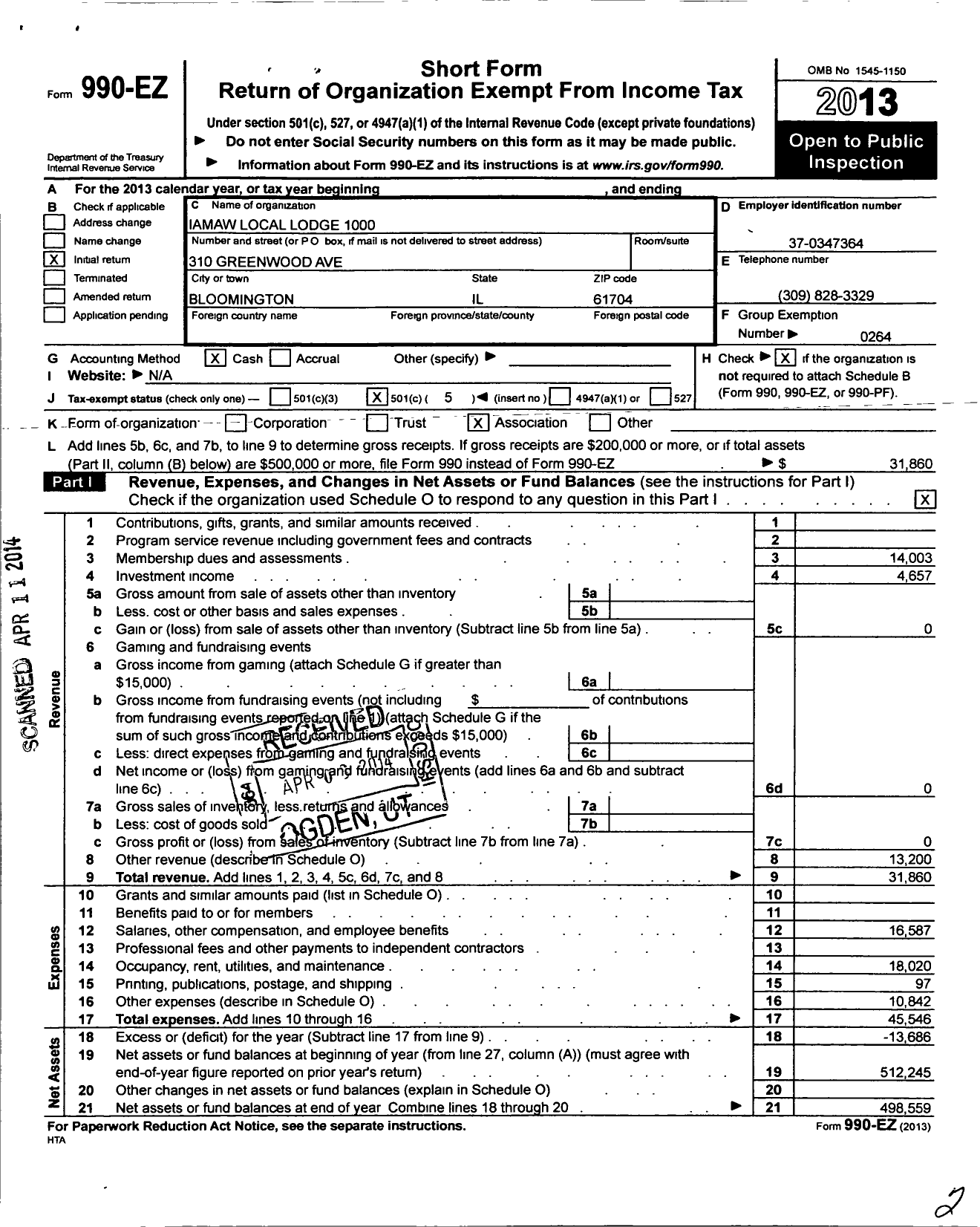 Image of first page of 2013 Form 990EO for International Association of Machinists and Aerospace Workers - 1000