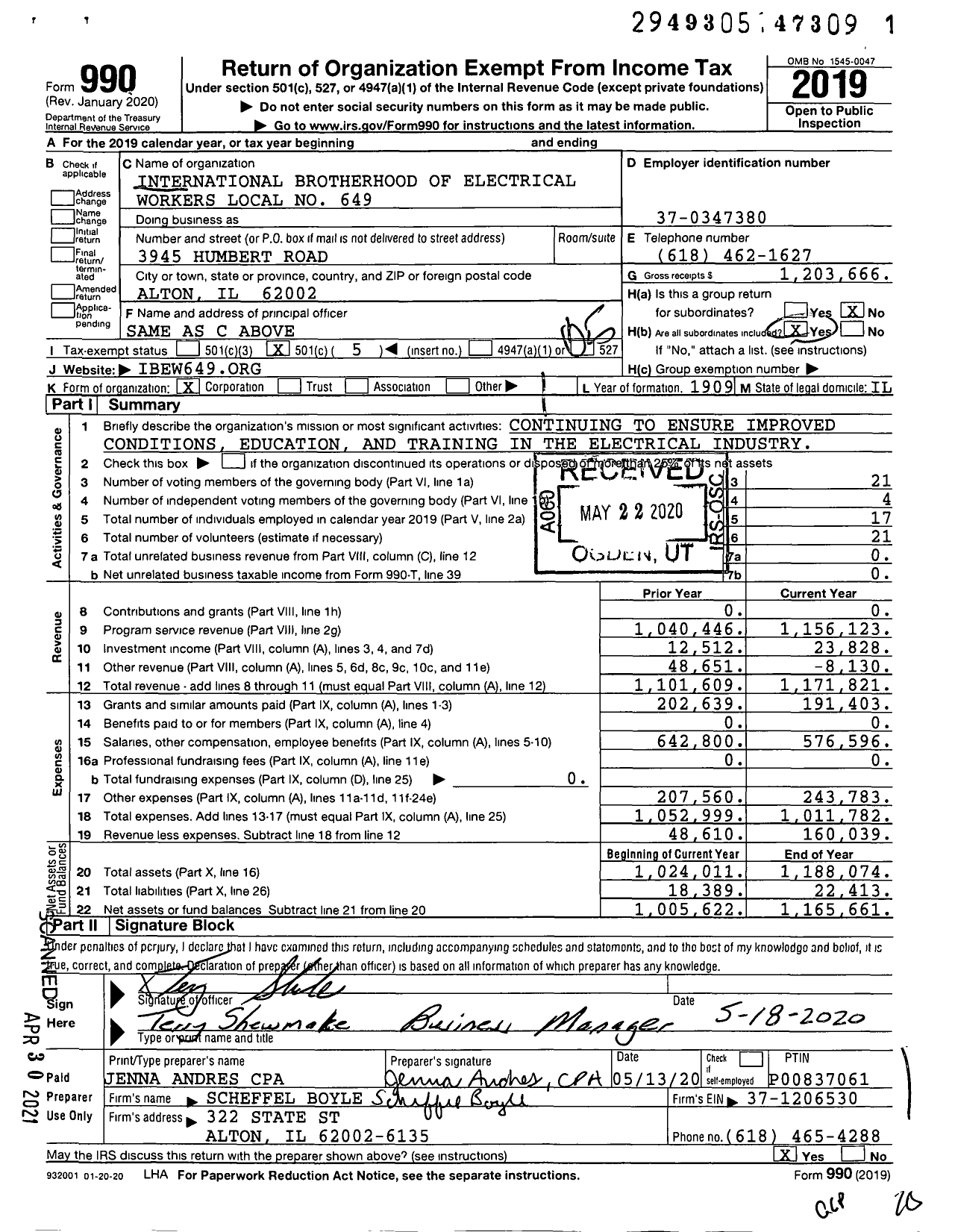Image of first page of 2019 Form 990O for International Brotherhood of Electrical Workers Local No 649