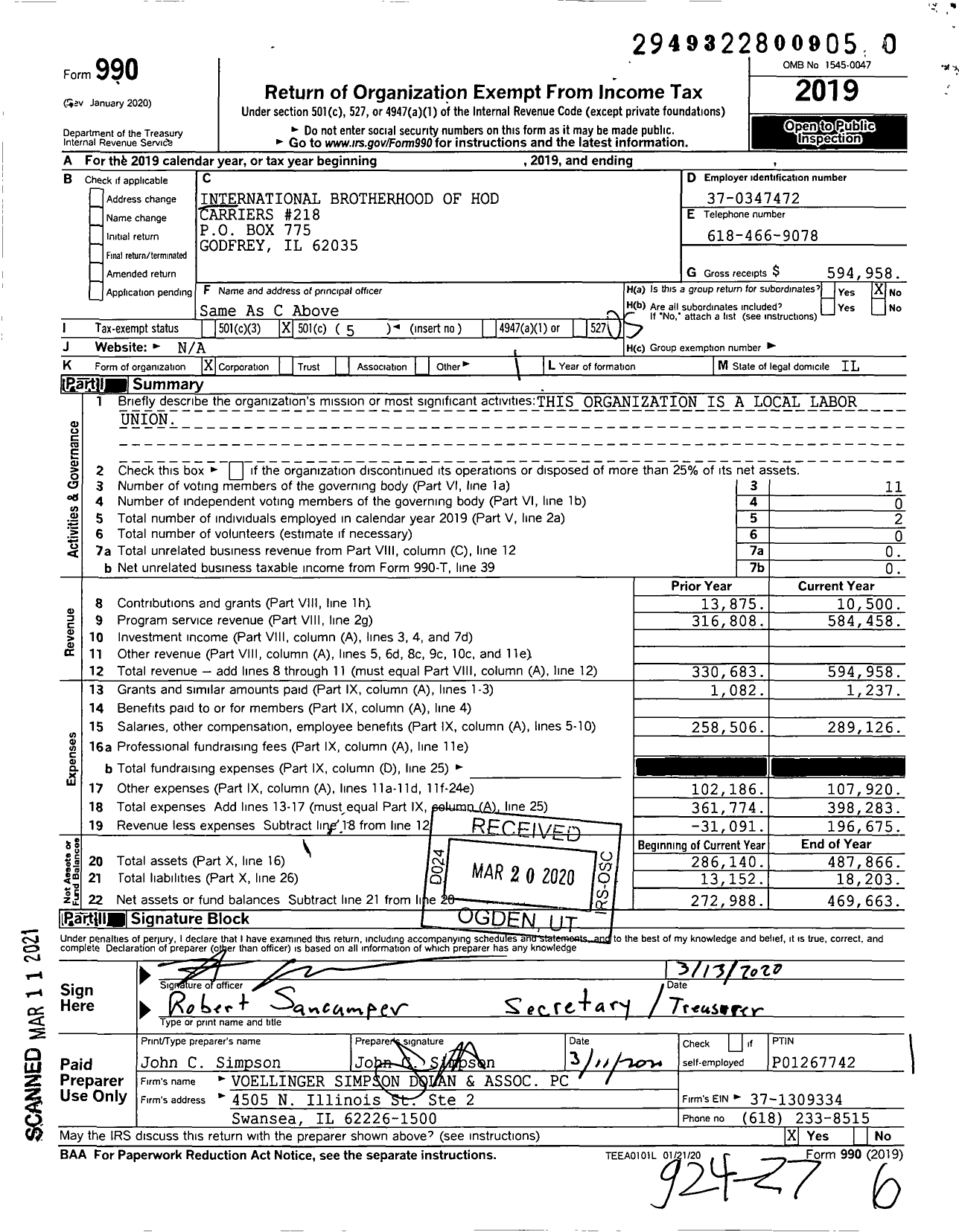 Image of first page of 2019 Form 990O for Laborers' International Union of North America - 218 Local Union