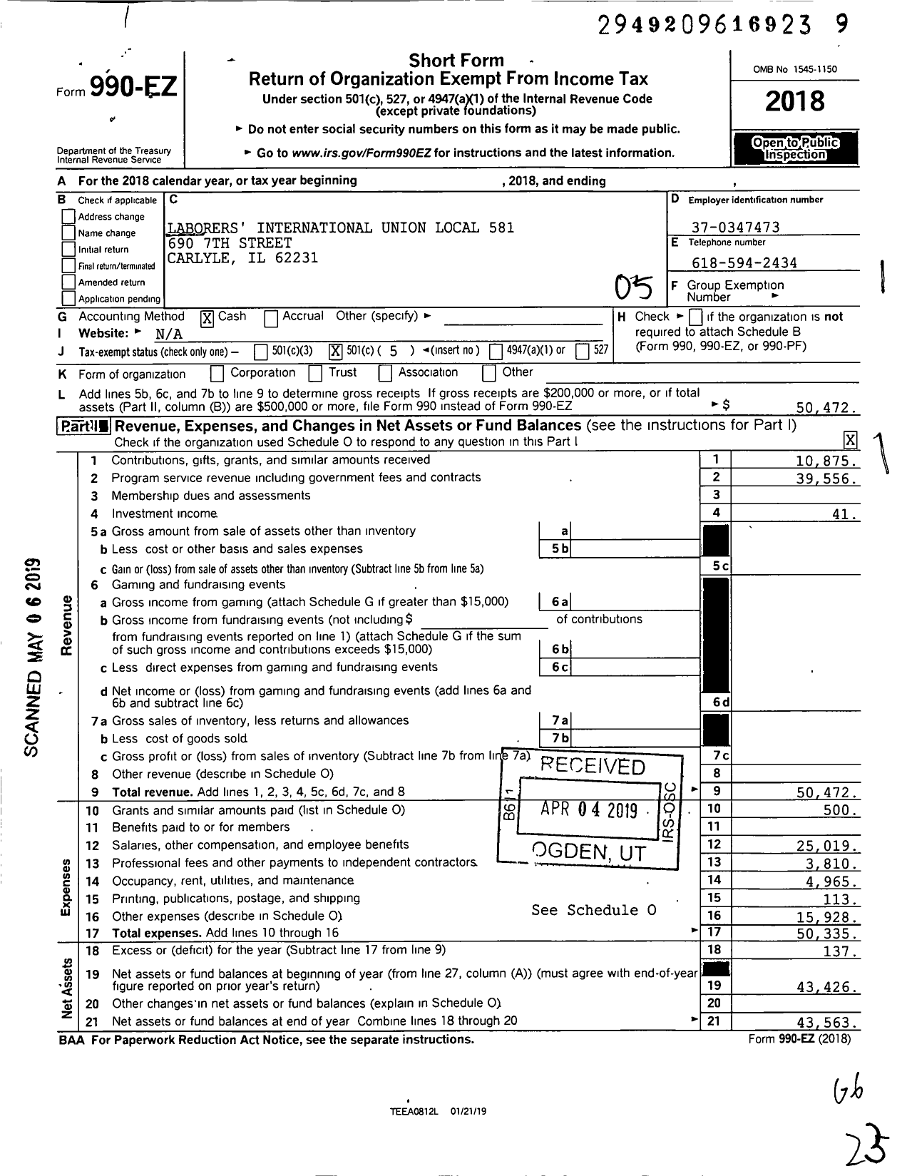 Image of first page of 2018 Form 990EO for Laborers' International Union of North America - 581 Local Union