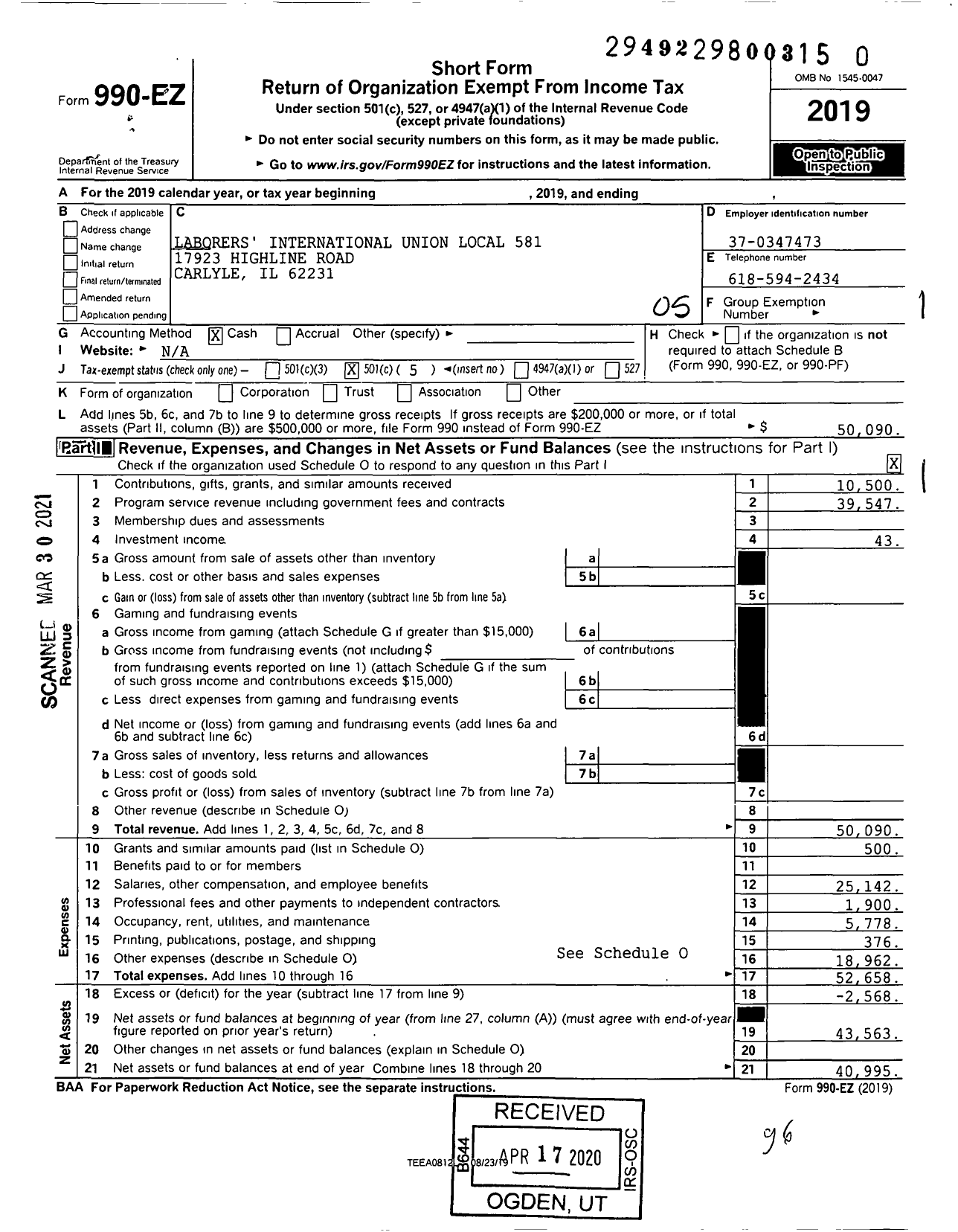 Image of first page of 2019 Form 990EO for Laborers' International Union of North America - 581 Local Union