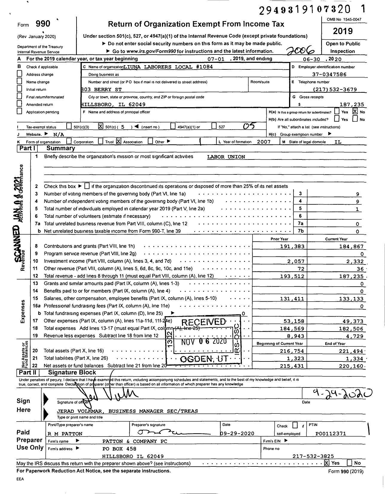 Image of first page of 2019 Form 990O for Laborers' International Union of North America - 1084 Local Union