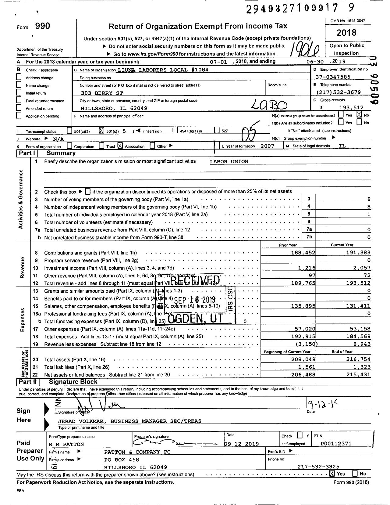 Image of first page of 2018 Form 990O for Laborers' International Union of North America - 1084 Local Union