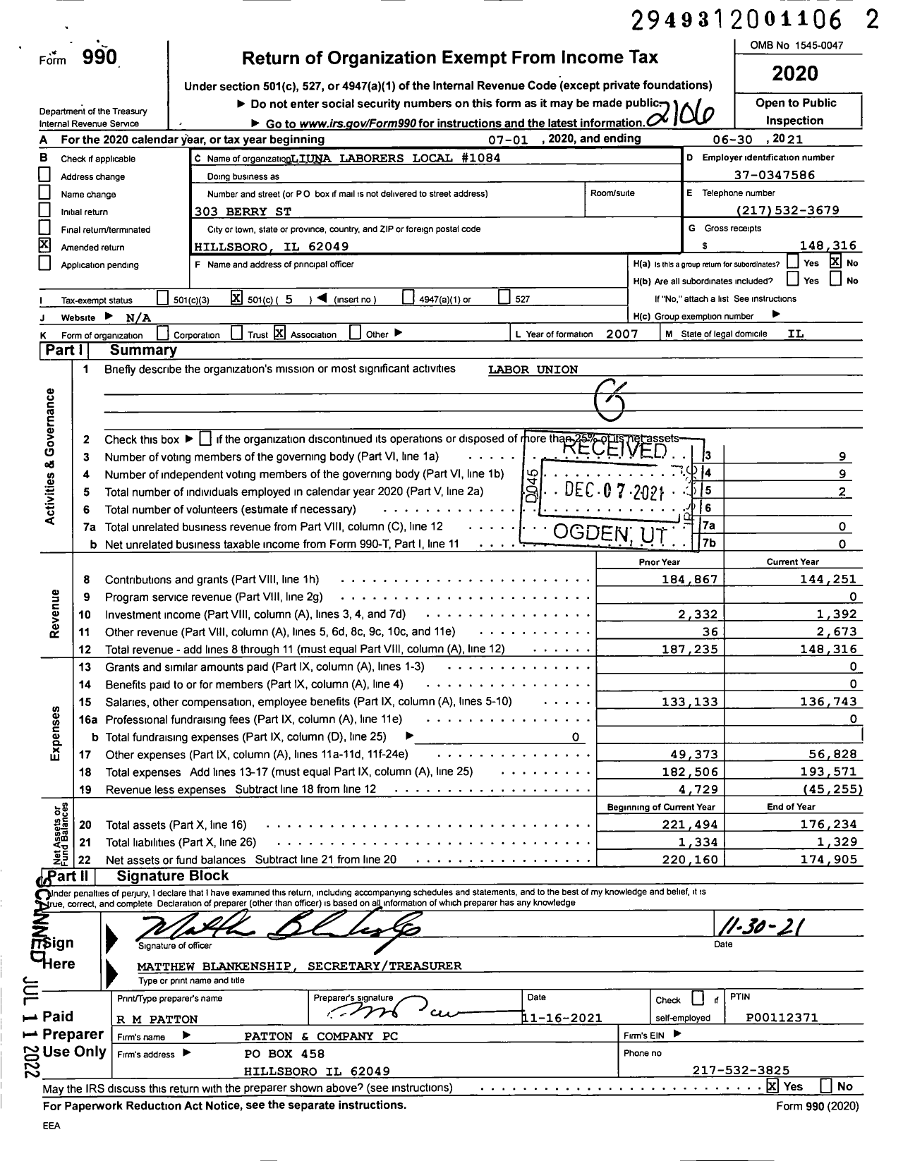 Image of first page of 2020 Form 990O for Laborers' International Union of North America - 1084 Local Union