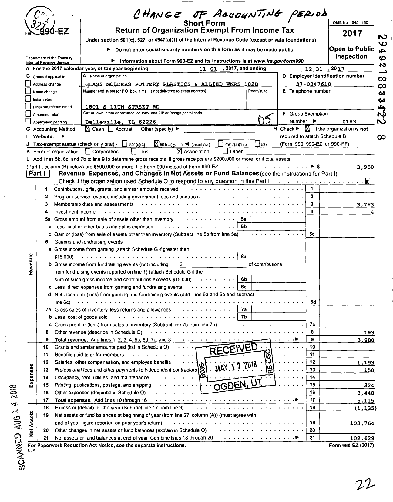 Image of first page of 2017 Form 990EO for United Steelworkers - 00182b Local