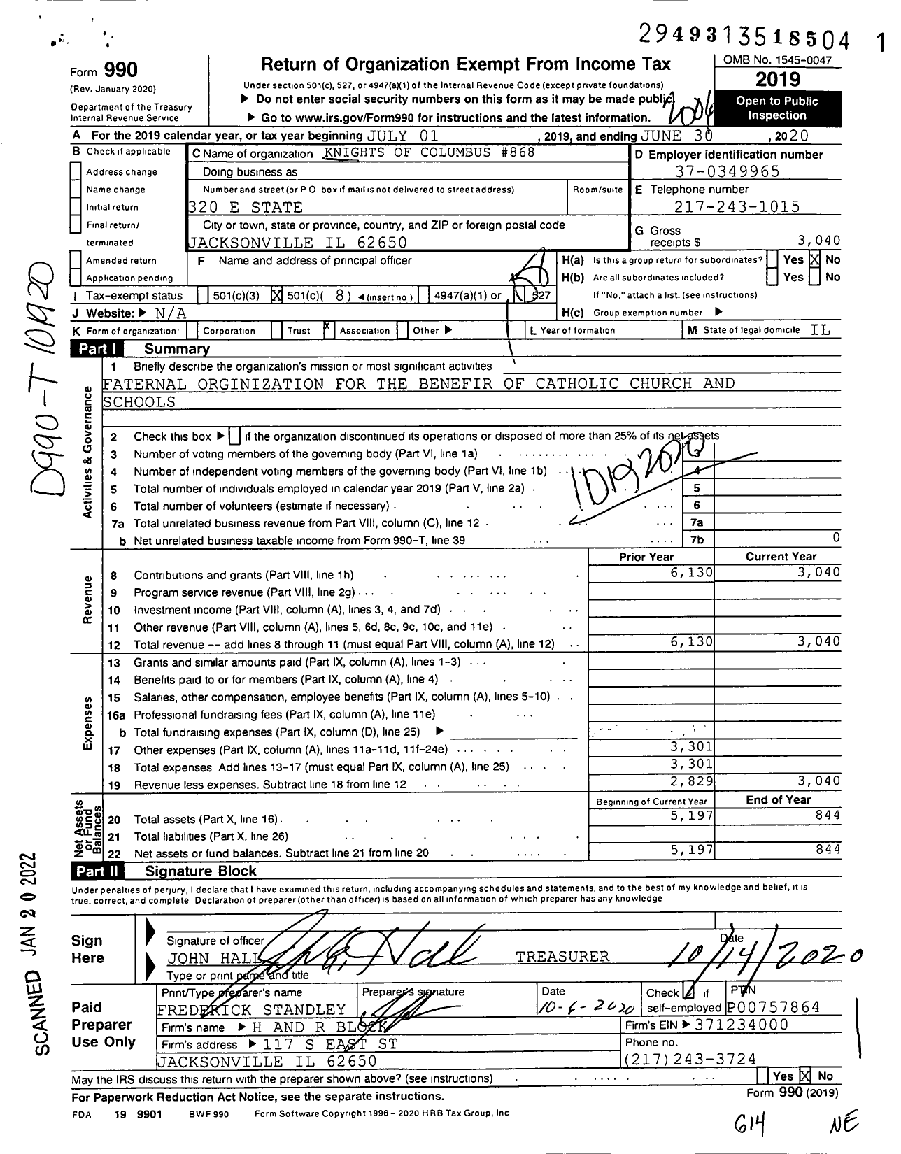 Image of first page of 2019 Form 990O for Knights of Columbus - 868 Jacksonville Council