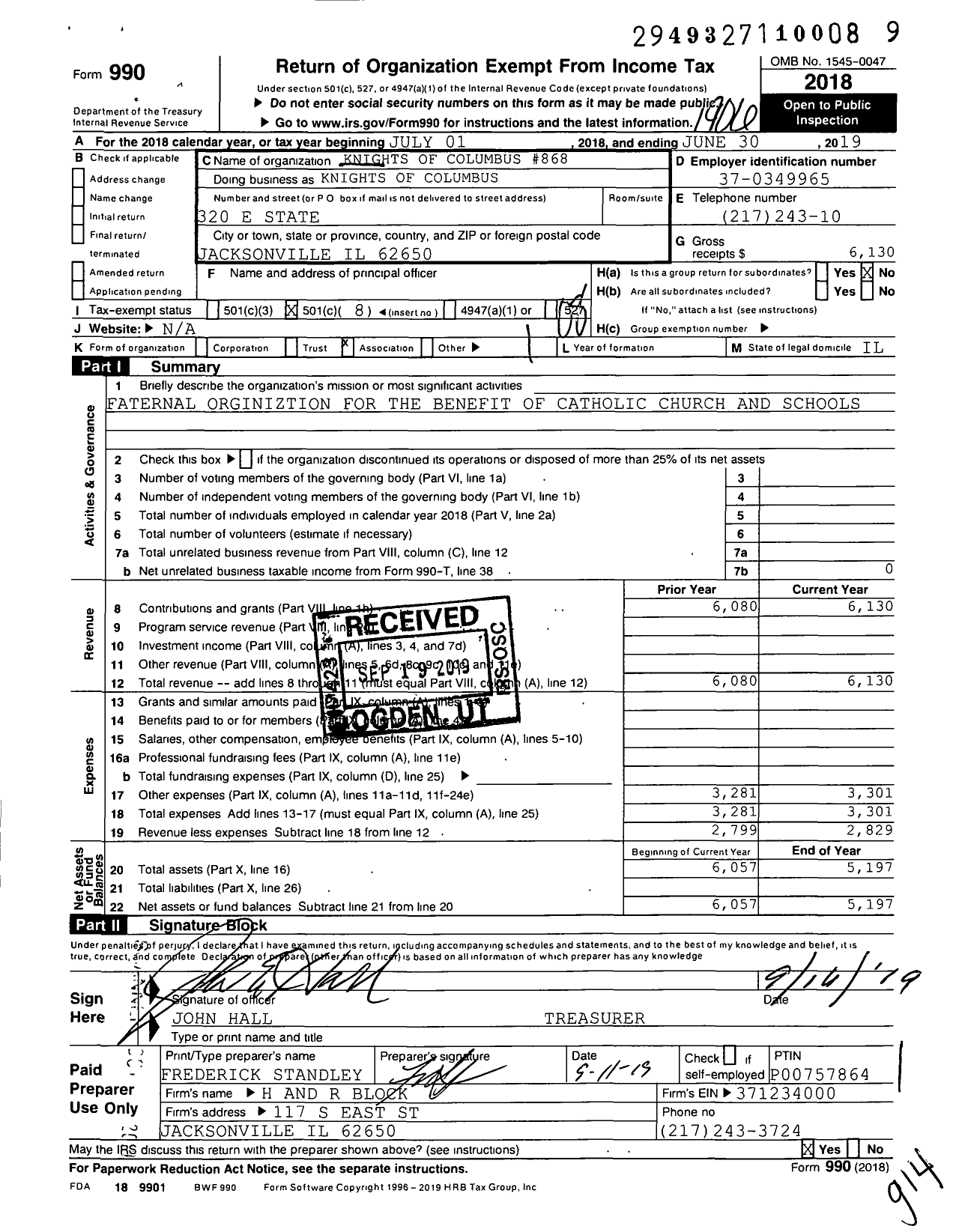 Image of first page of 2018 Form 990O for Knights of Columbus - 868 Jacksonville Council