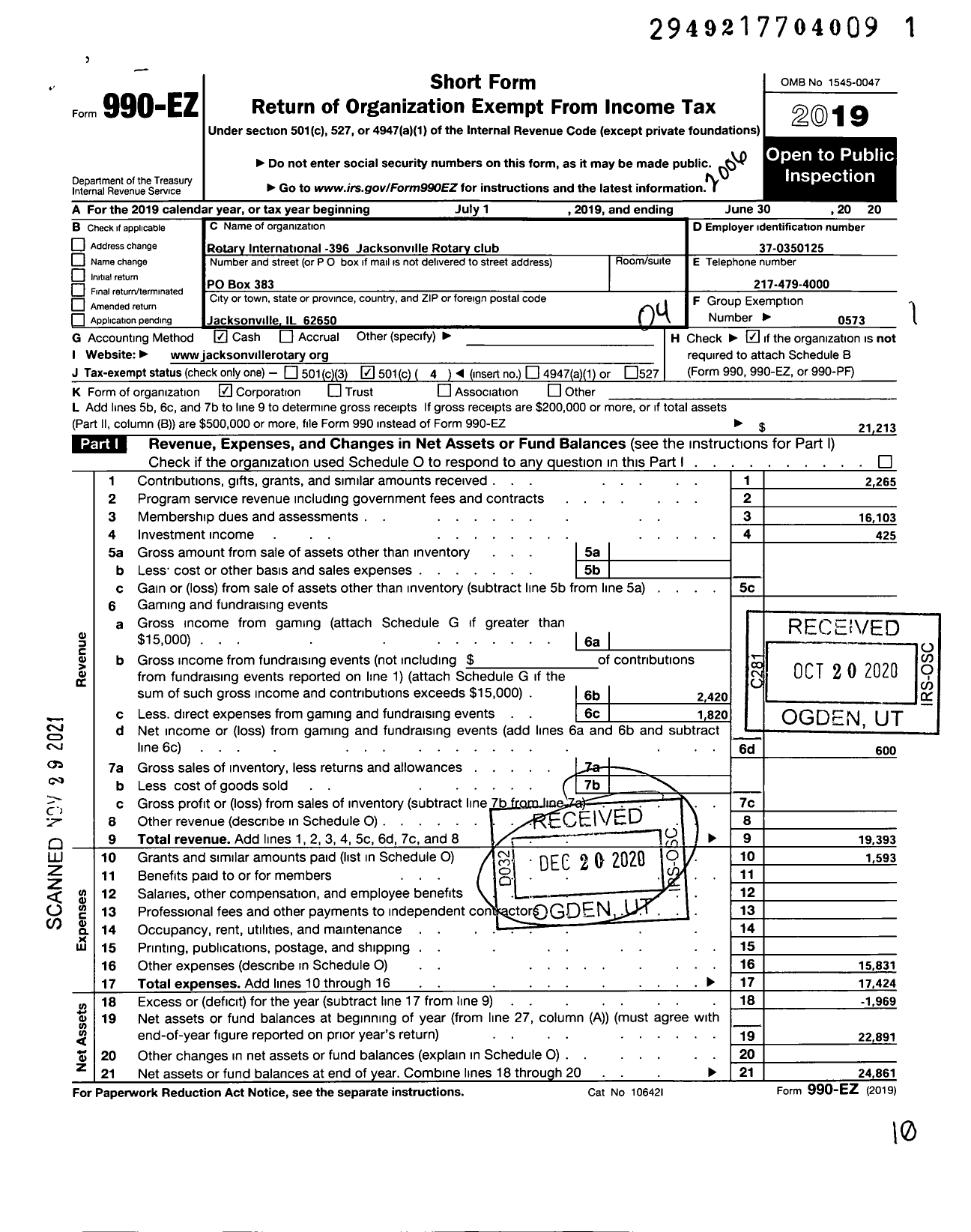 Image of first page of 2019 Form 990EO for ROTARY INTERNATIONAL - 396 Jacksonville ROTARY Club