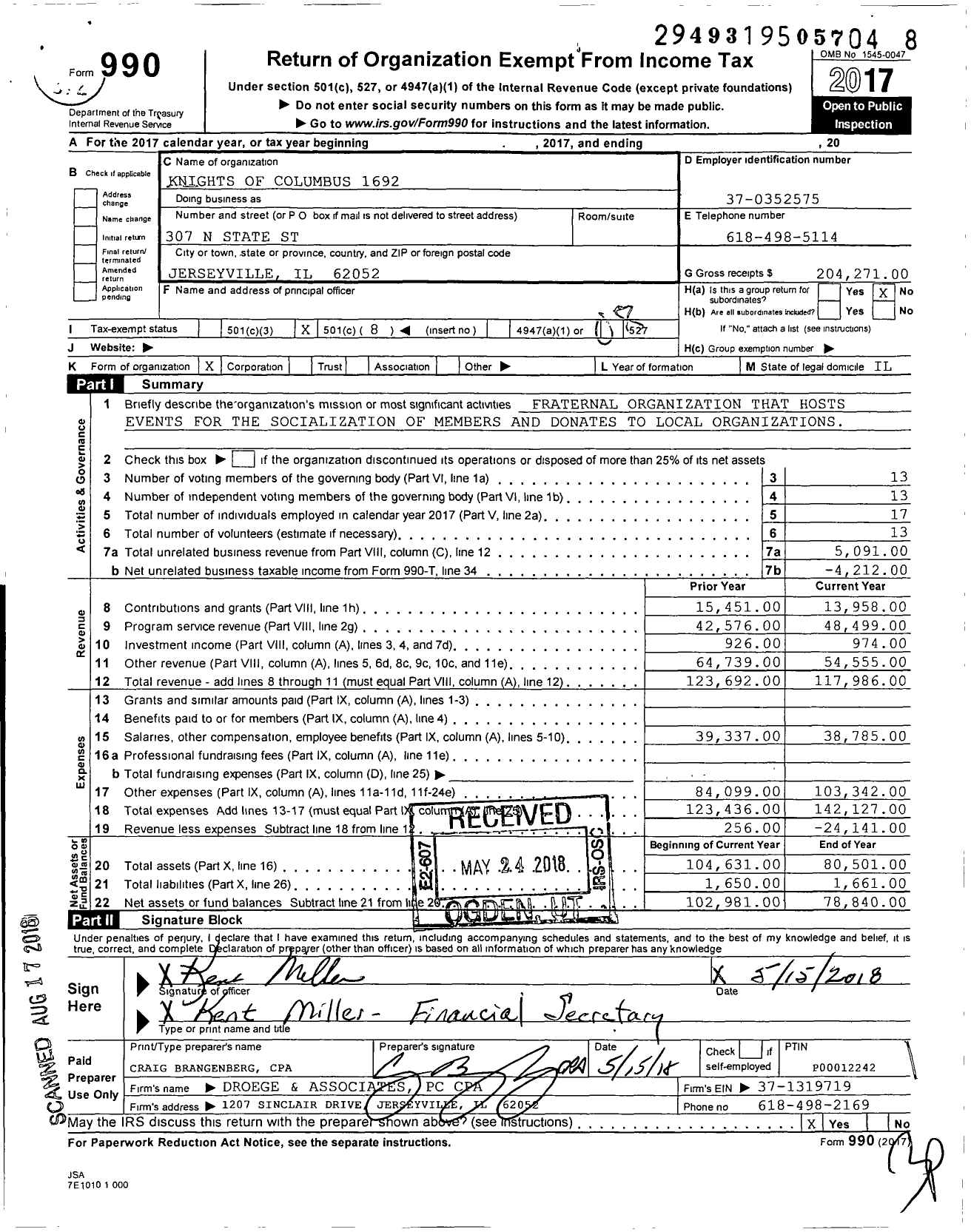 Image of first page of 2017 Form 990O for Knights of Columbus - 1692 Jerseyville Council