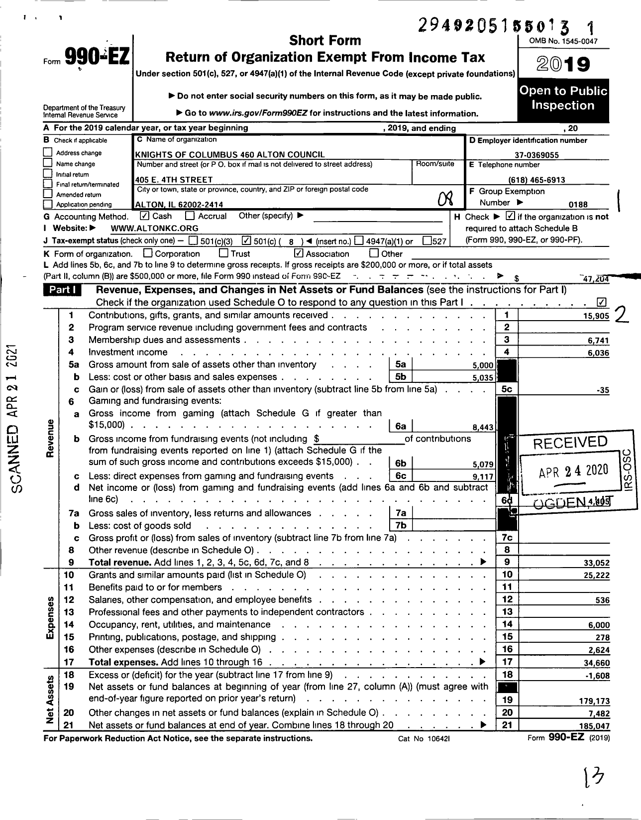 Image of first page of 2019 Form 990EO for Knights of Columbus - 460 Alton Council