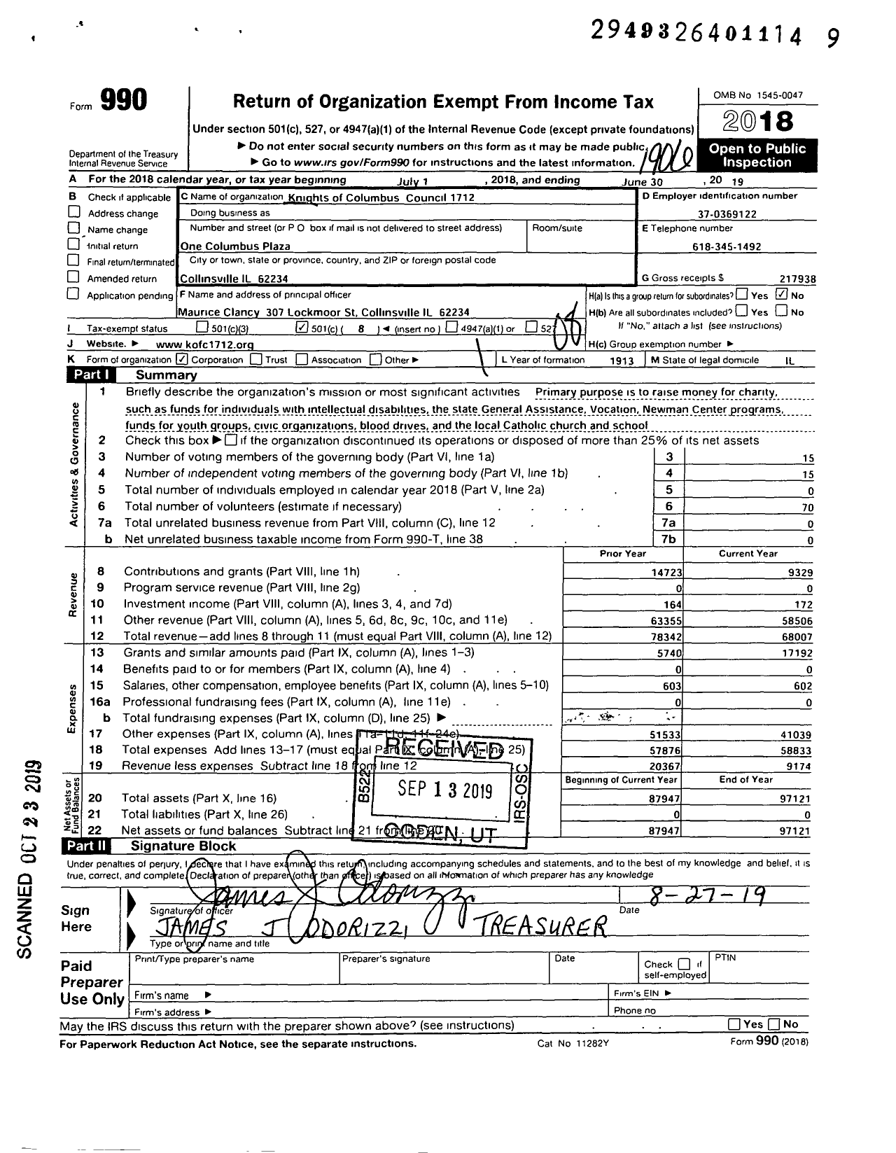 Image of first page of 2018 Form 990O for Knights of Columbus - 1712 Collinsville Council