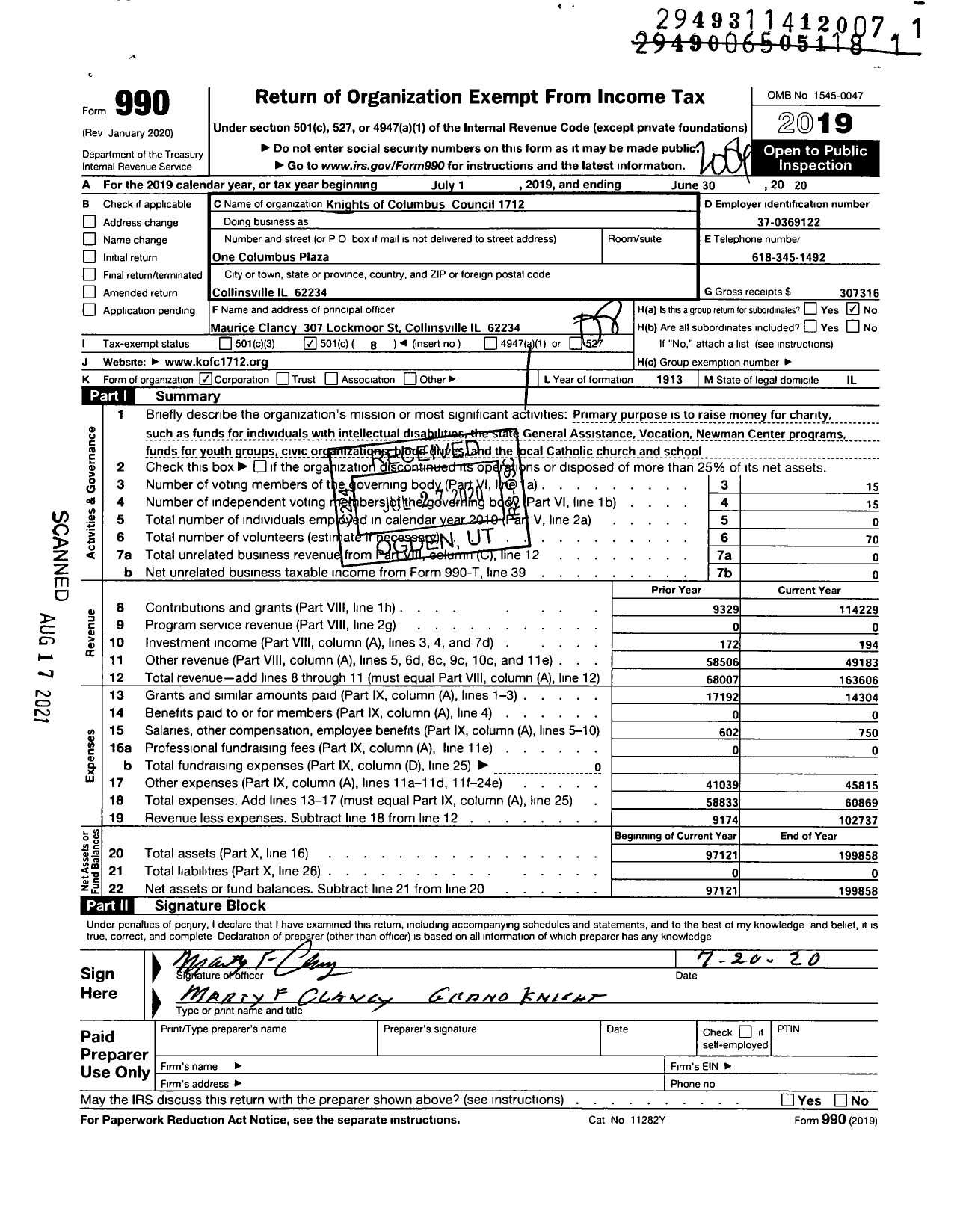 Image of first page of 2019 Form 990O for Knights of Columbus - 1712 Collinsville Council