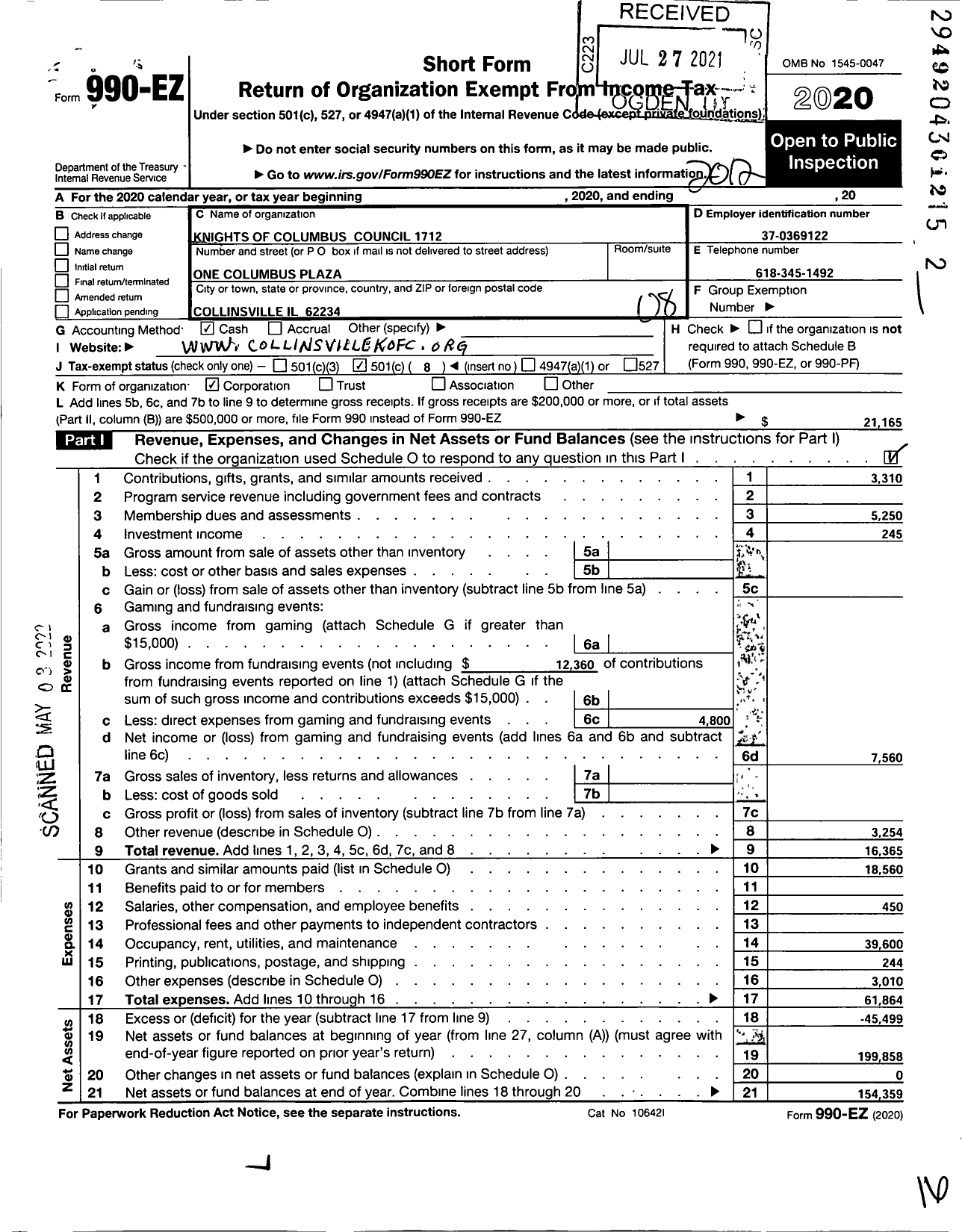 Image of first page of 2020 Form 990EO for Knights of Columbus - 1712 Collinsville Council