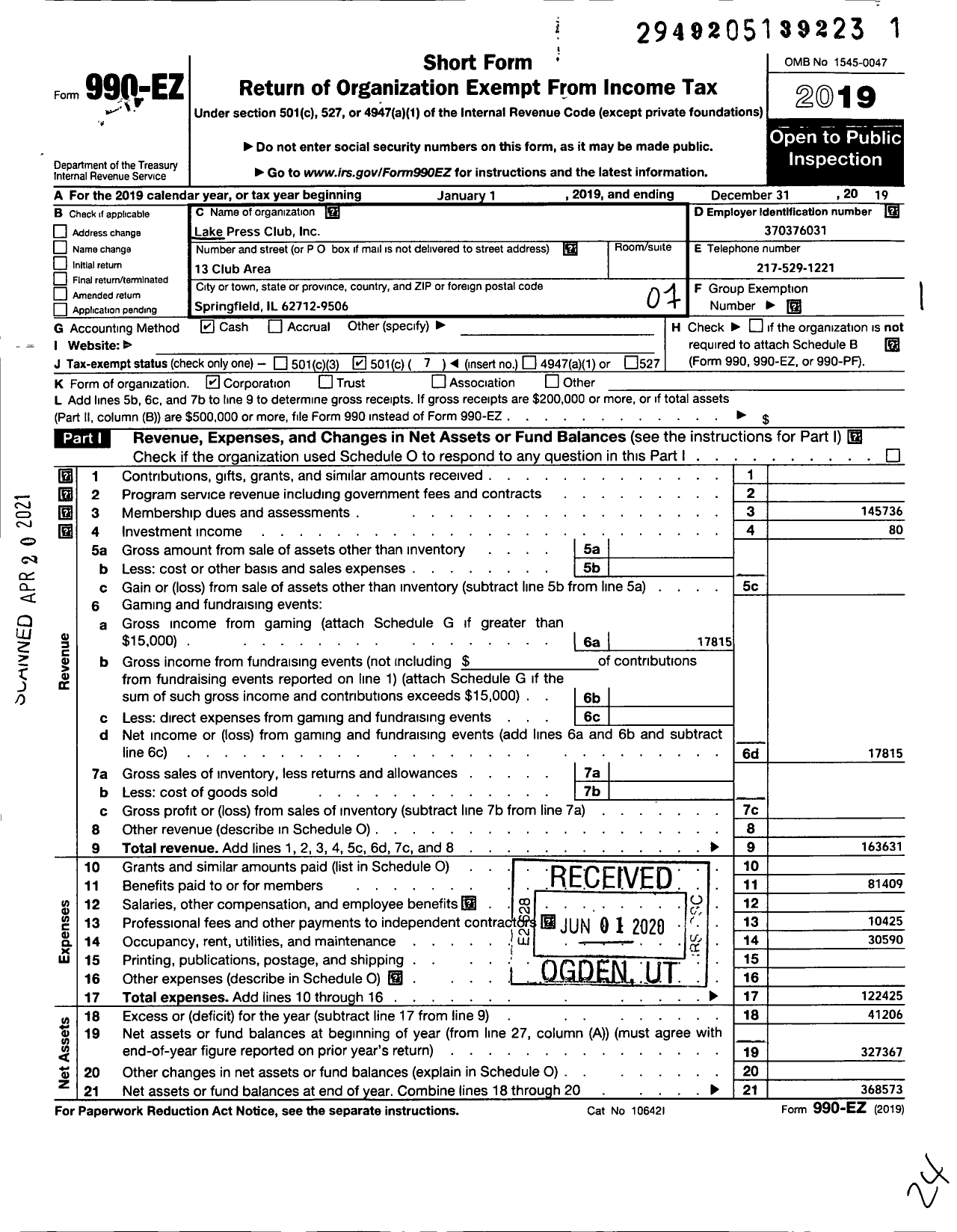 Image of first page of 2019 Form 990EO for Lake Press Club