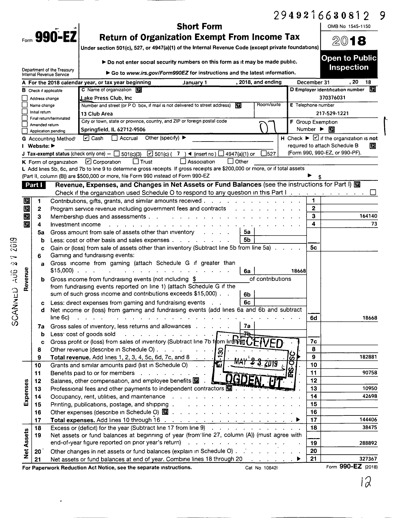 Image of first page of 2018 Form 990EO for Lake Press Club