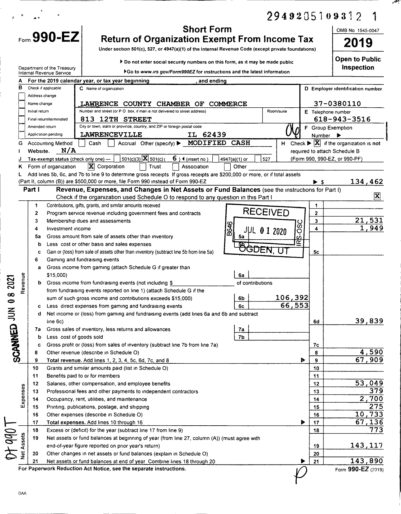 Image of first page of 2019 Form 990EO for Lawrence County Chamber of Commerce