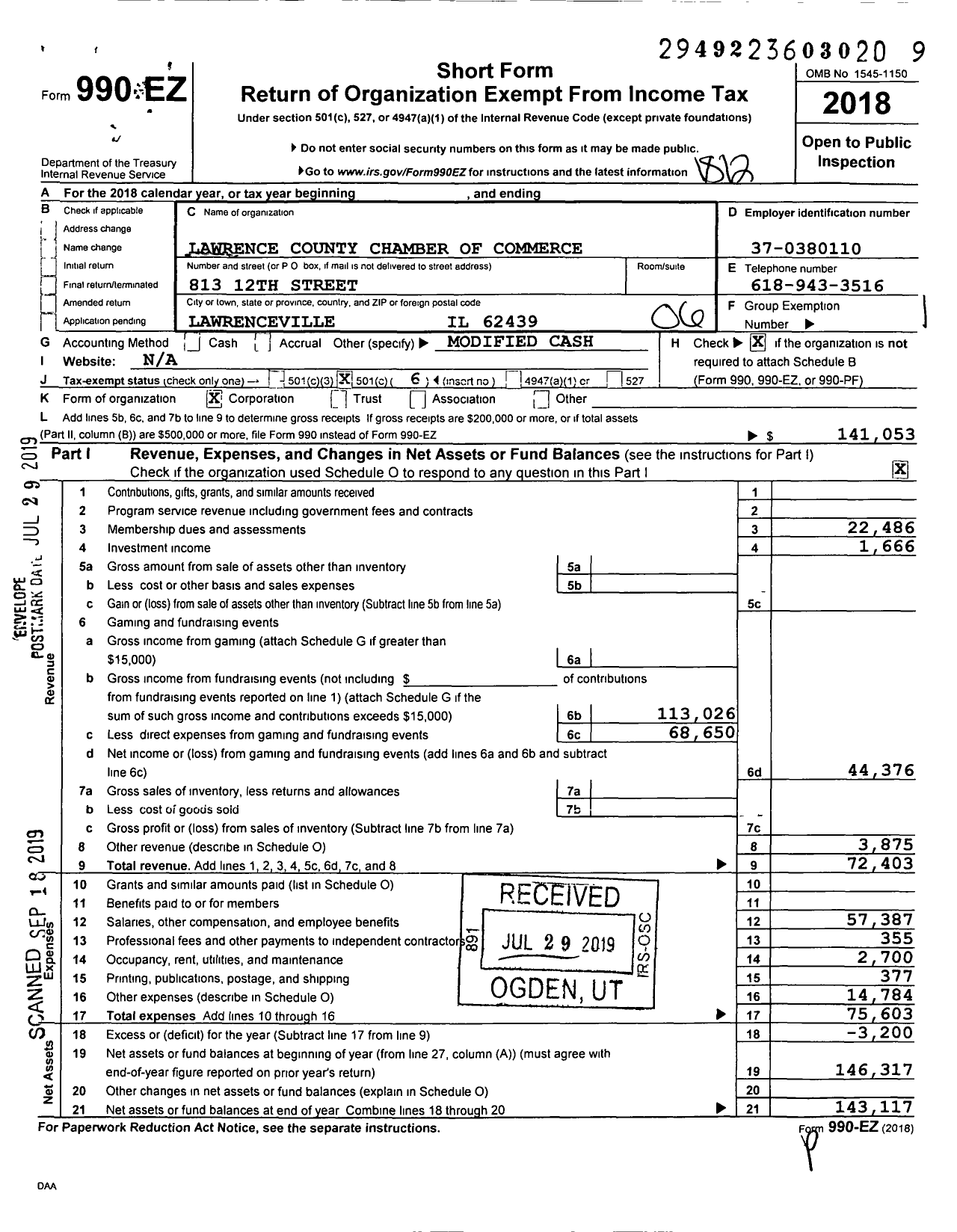 Image of first page of 2018 Form 990EO for Lawrence County Chamber of Commerce