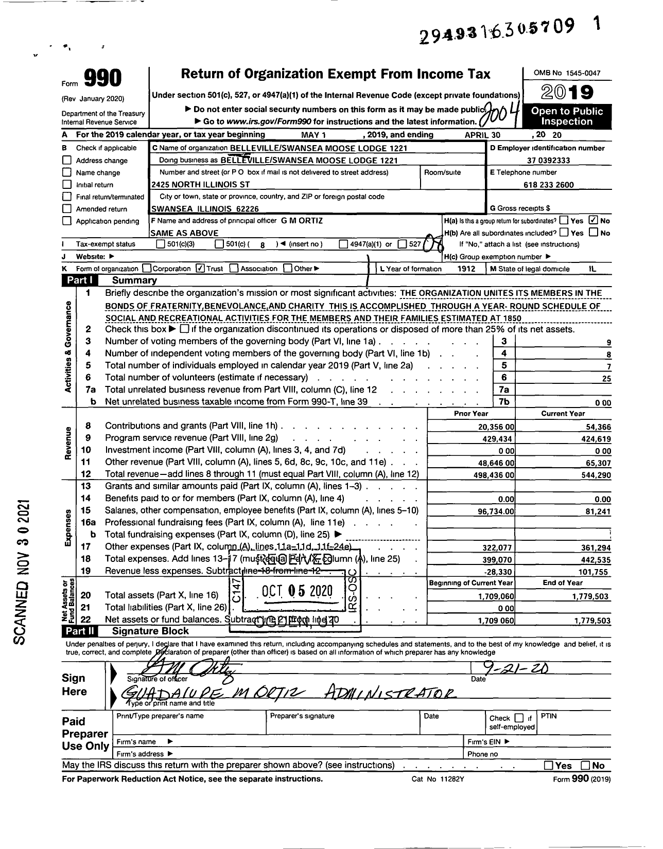 Image of first page of 2019 Form 990O for Loyal Order of Moose - 1221