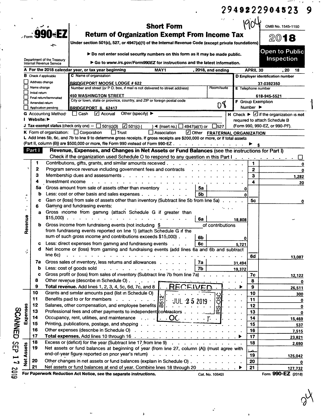 Image of first page of 2018 Form 990EO for Loyal Order of Moose - 622