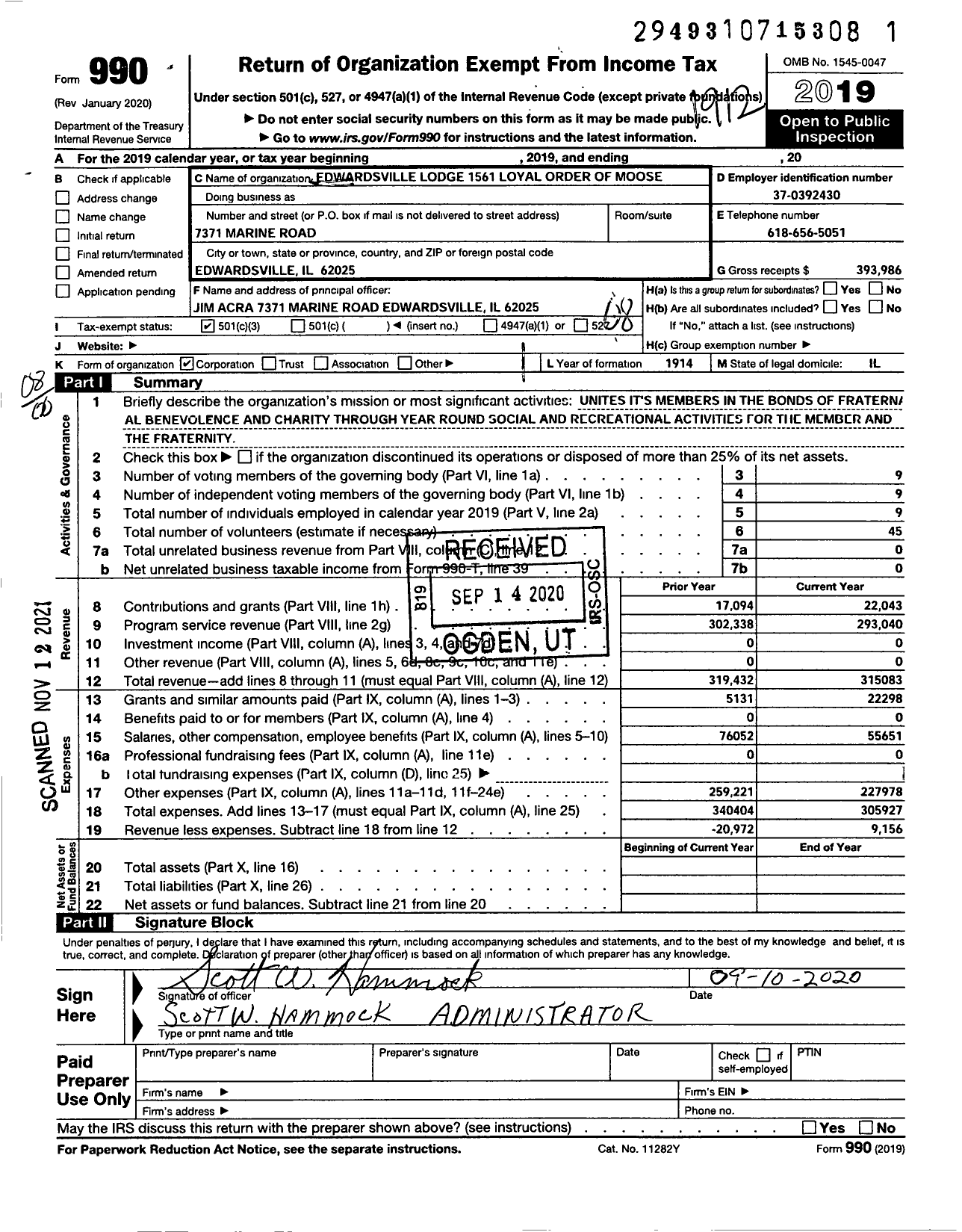 Image of first page of 2019 Form 990O for Loyal Order of Moose - 1561