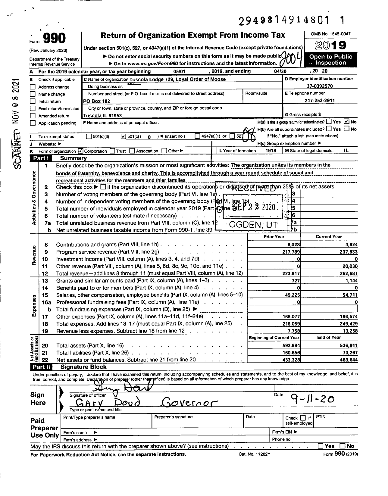 Image of first page of 2019 Form 990O for Loyal Order of Moose - Tuscola Moose Lodge 729