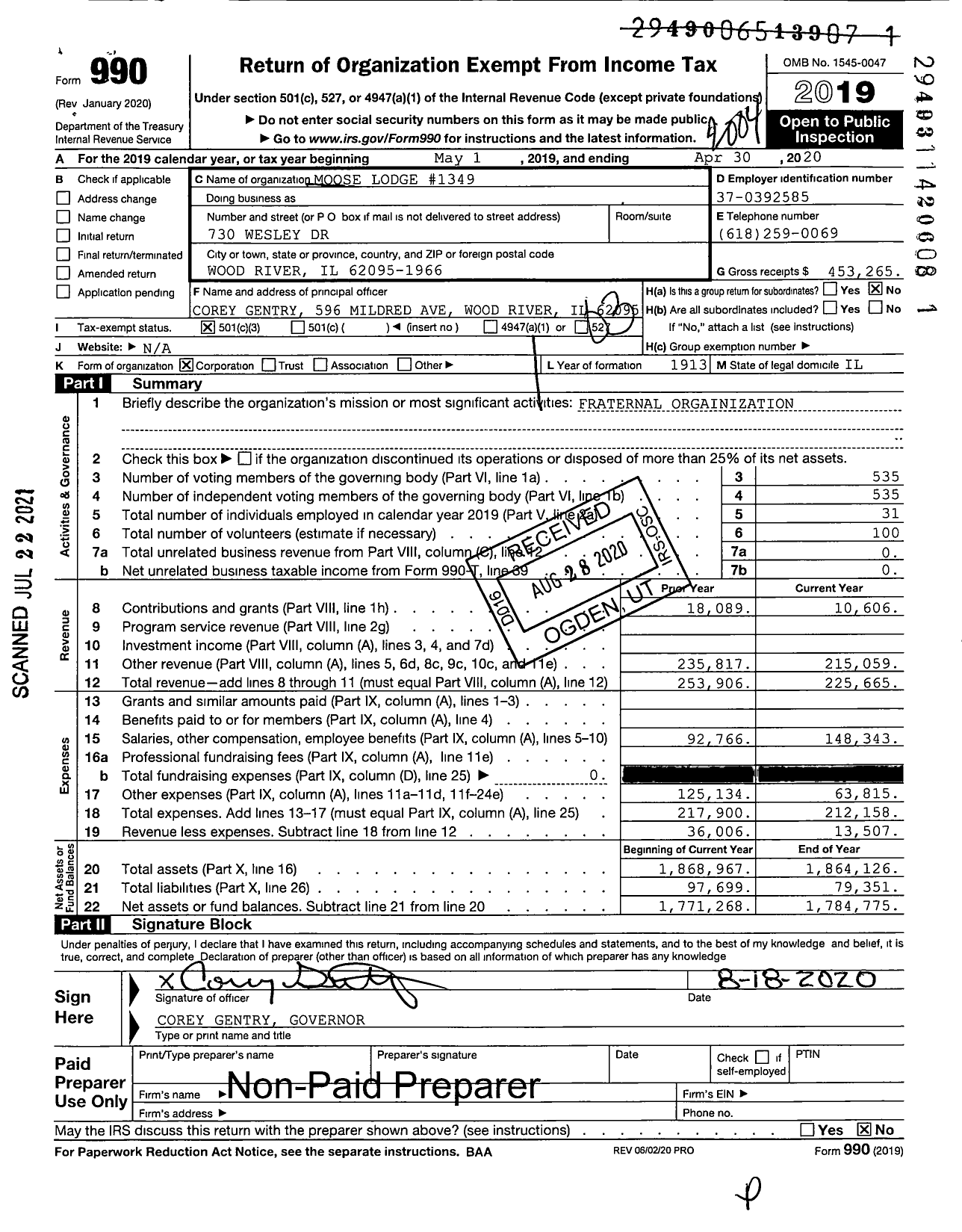 Image of first page of 2019 Form 990 for Loyal Order of Moose - 1349