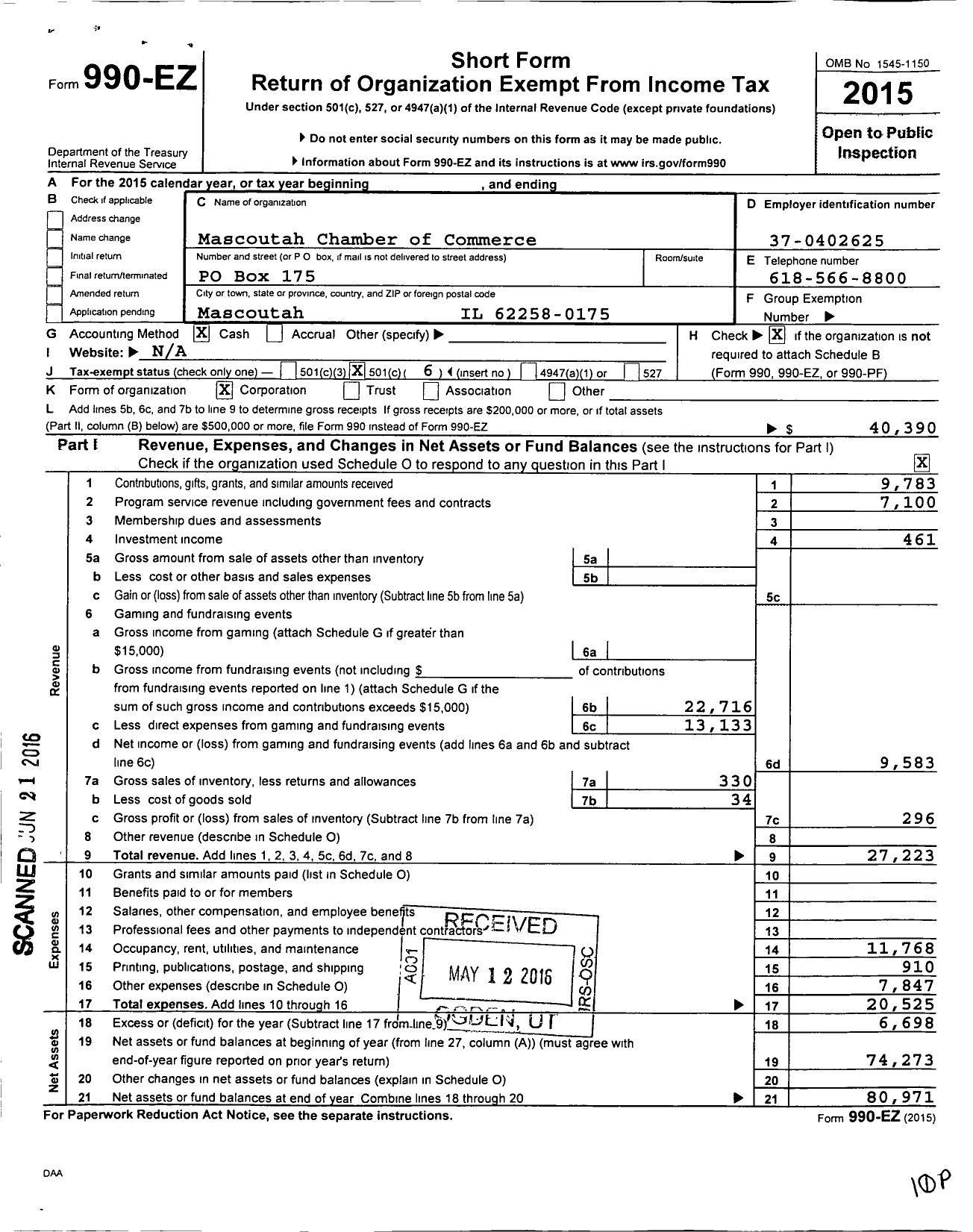 Image of first page of 2015 Form 990EO for Mascoutah Chamber of Commerce