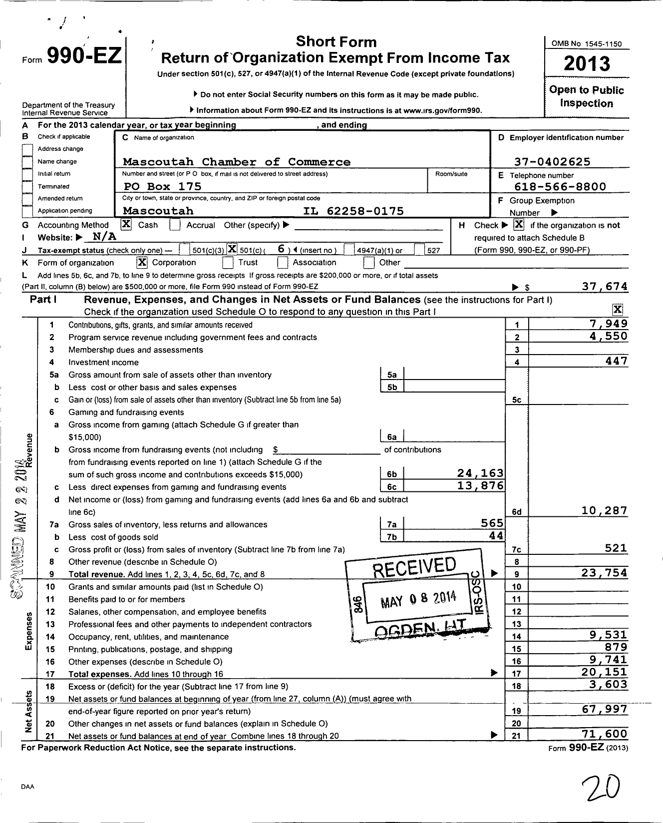 Image of first page of 2013 Form 990EO for Mascoutah Chamber of Commerce