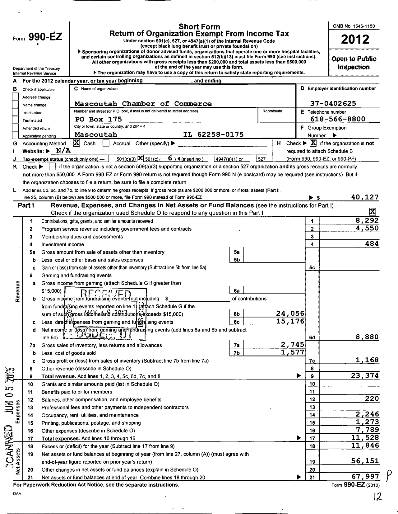 Image of first page of 2012 Form 990EO for Mascoutah Chamber of Commerce