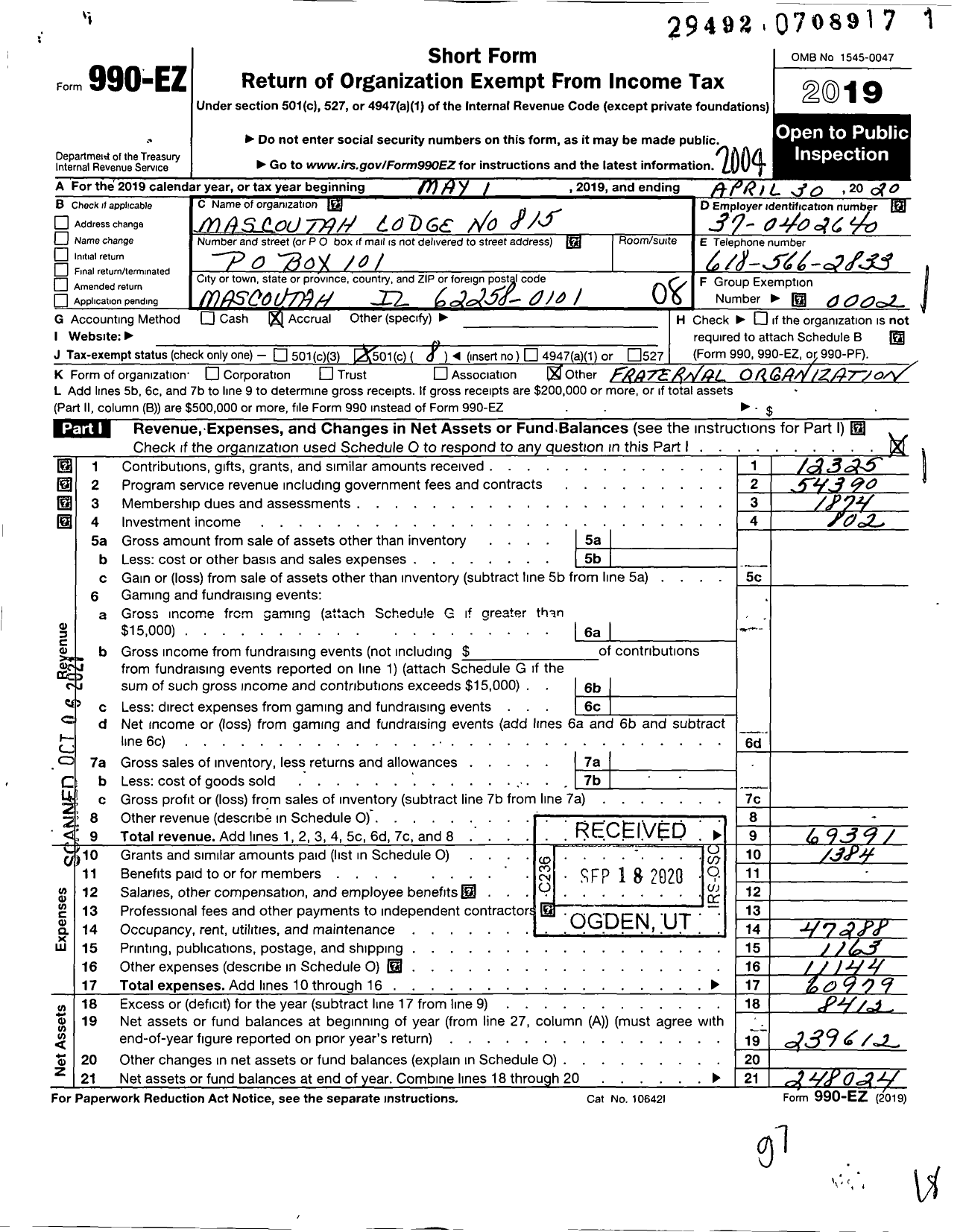 Image of first page of 2019 Form 990EO for Mascoutah Lodge No 815