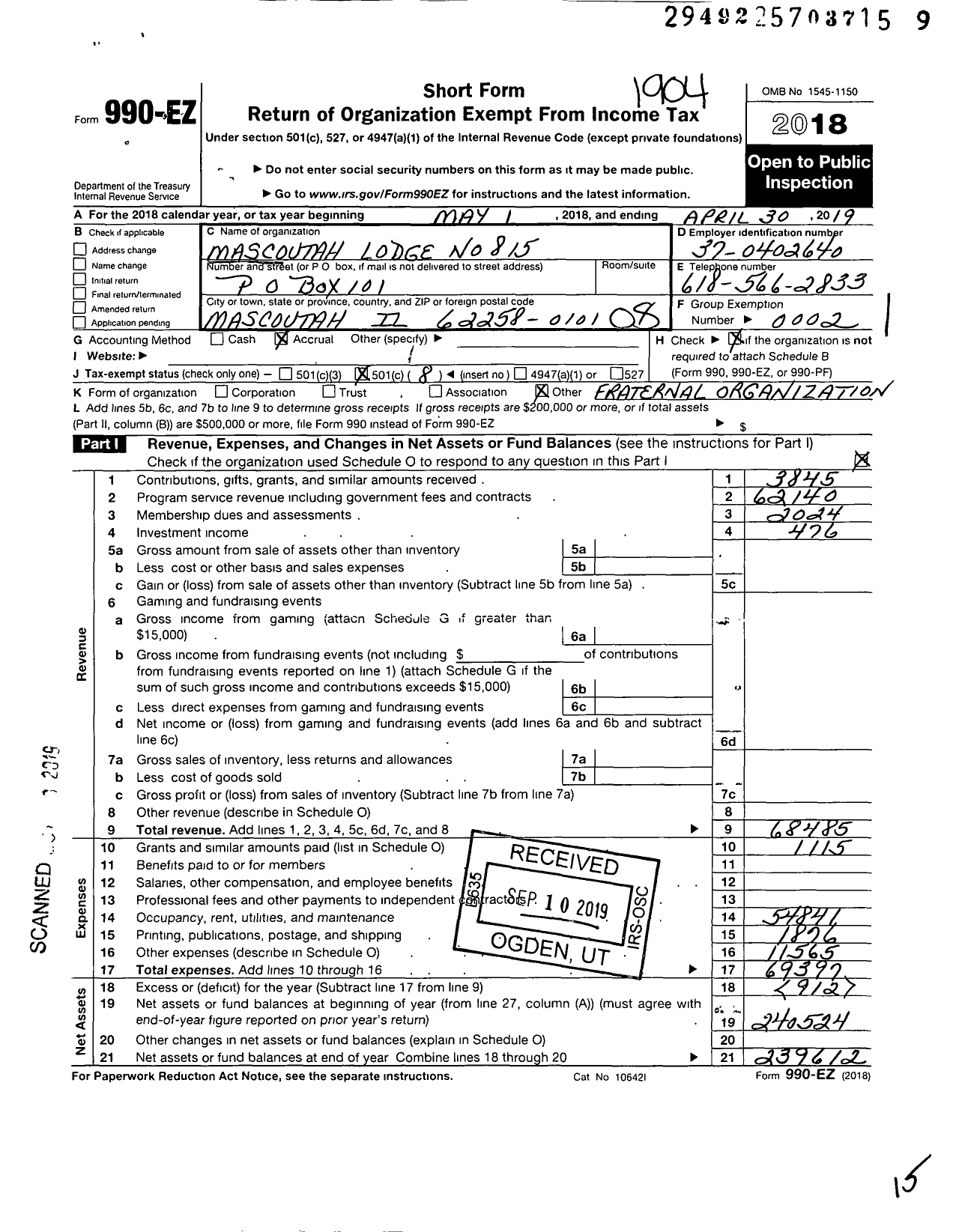 Image of first page of 2018 Form 990EO for Mascoutah Lodge No 815