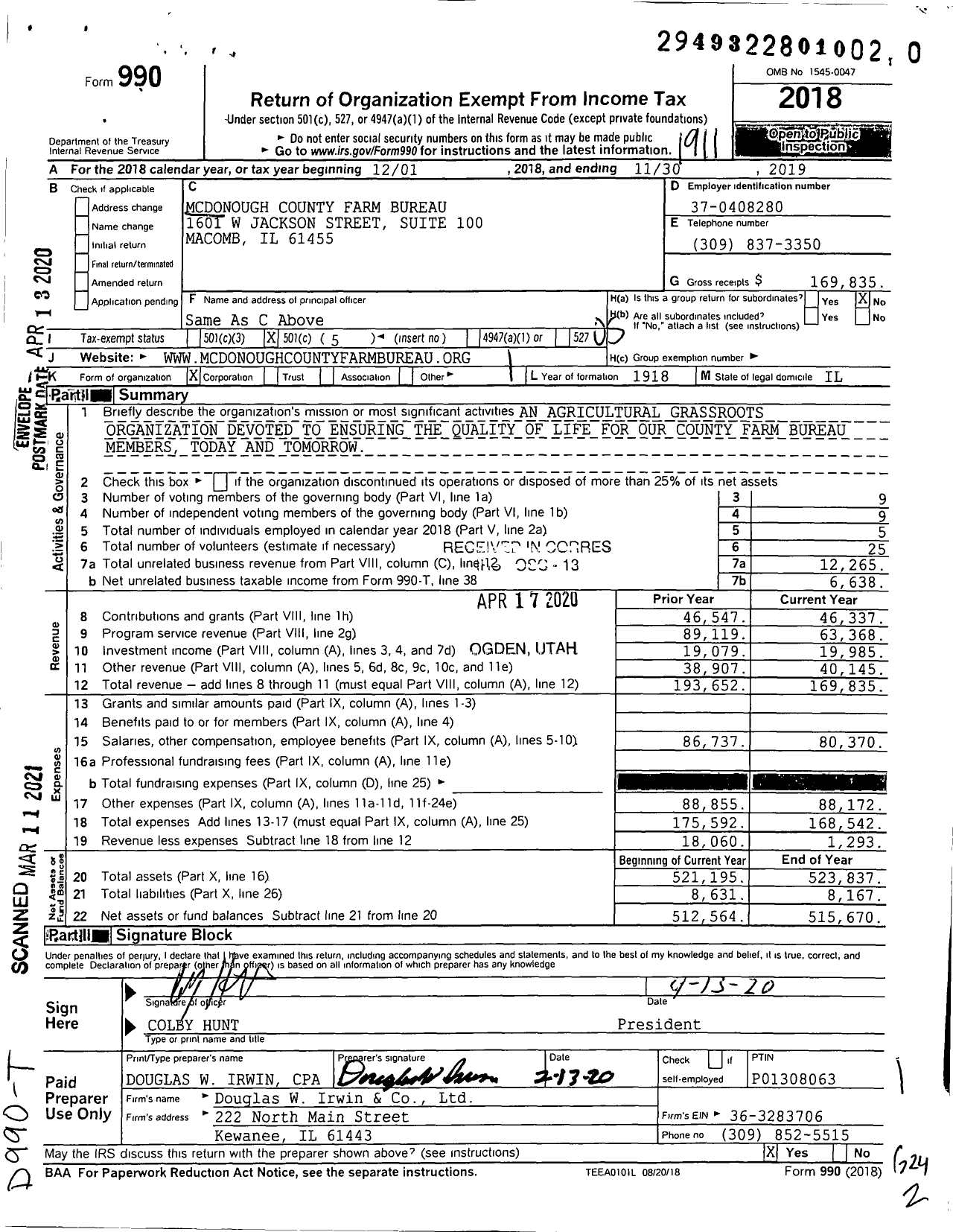 Image of first page of 2018 Form 990O for Mcdonough County Farm Bureau