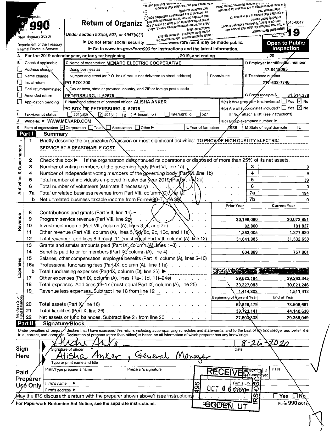 Image of first page of 2019 Form 990O for Menard Electric Cooperative